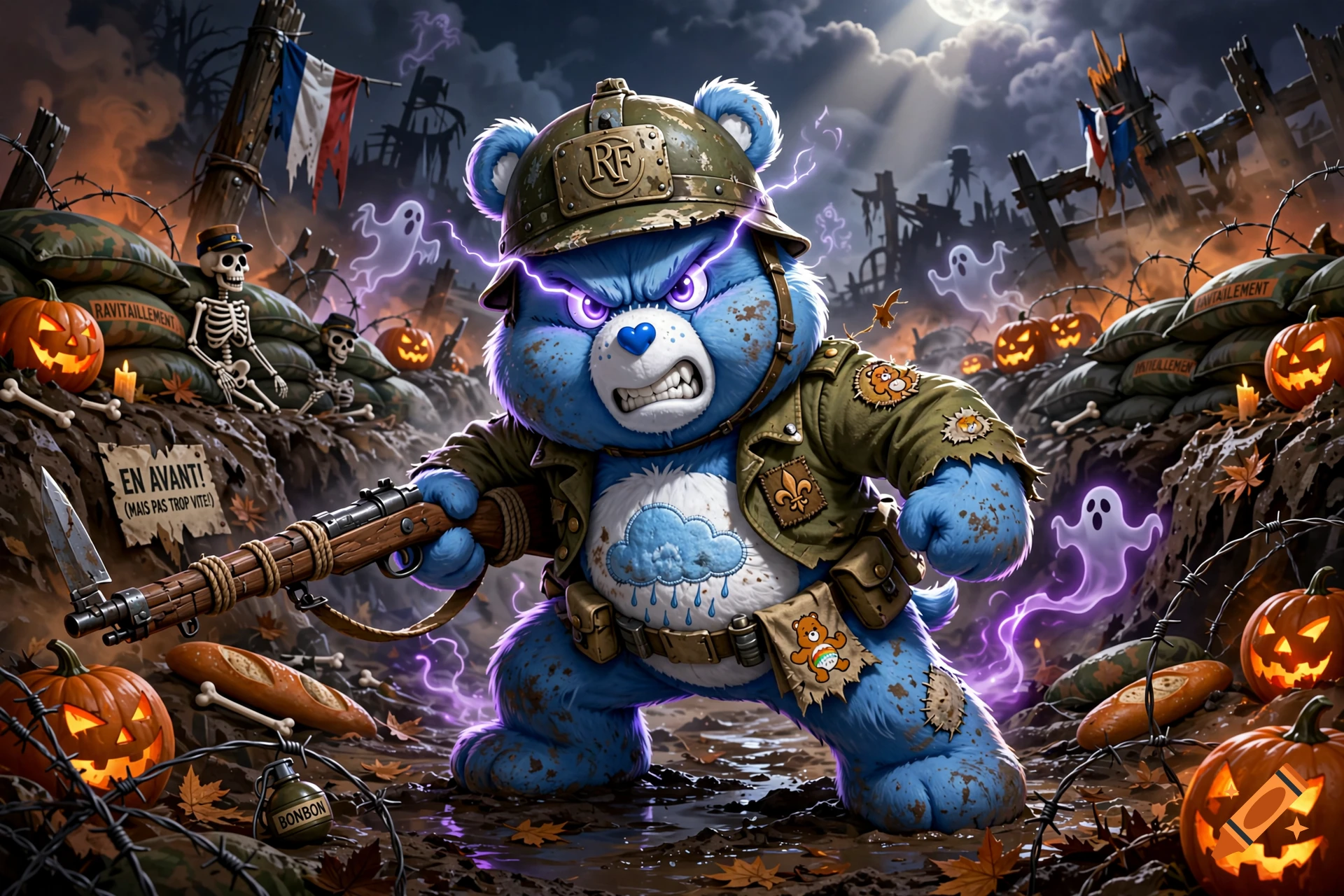 An angry blue Care Bear wearing a military helmet and jacket in a muddy trench with pumpkins and ghosts, digital illustration style.