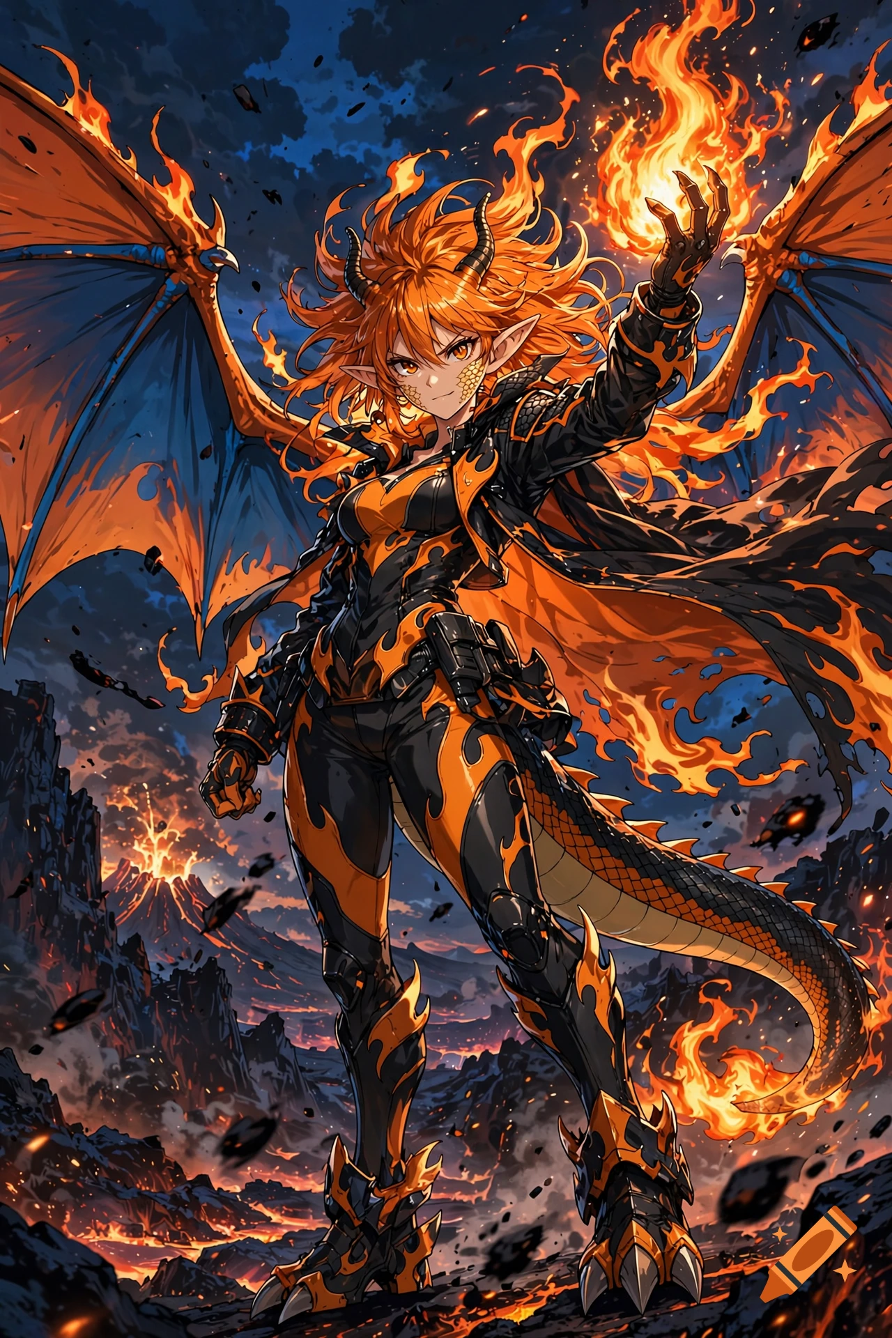 Anime-style female character inspired by Charizard, with orange hair, horns, wings, and a tail, holding fire in a volcanic landscape.