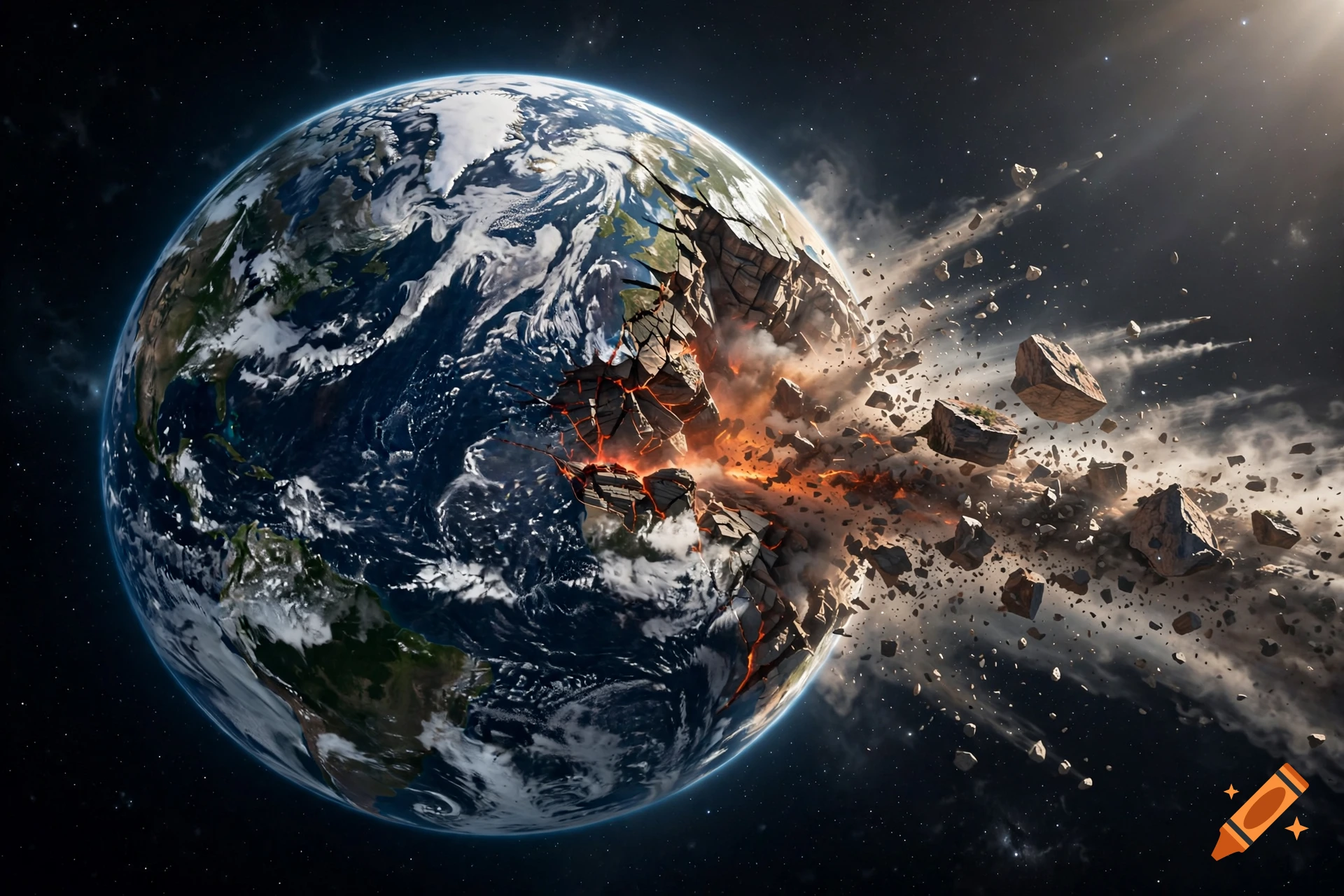 Photorealistic image of planet Earth in space with a massive chunk blown out and debris floating nearby.