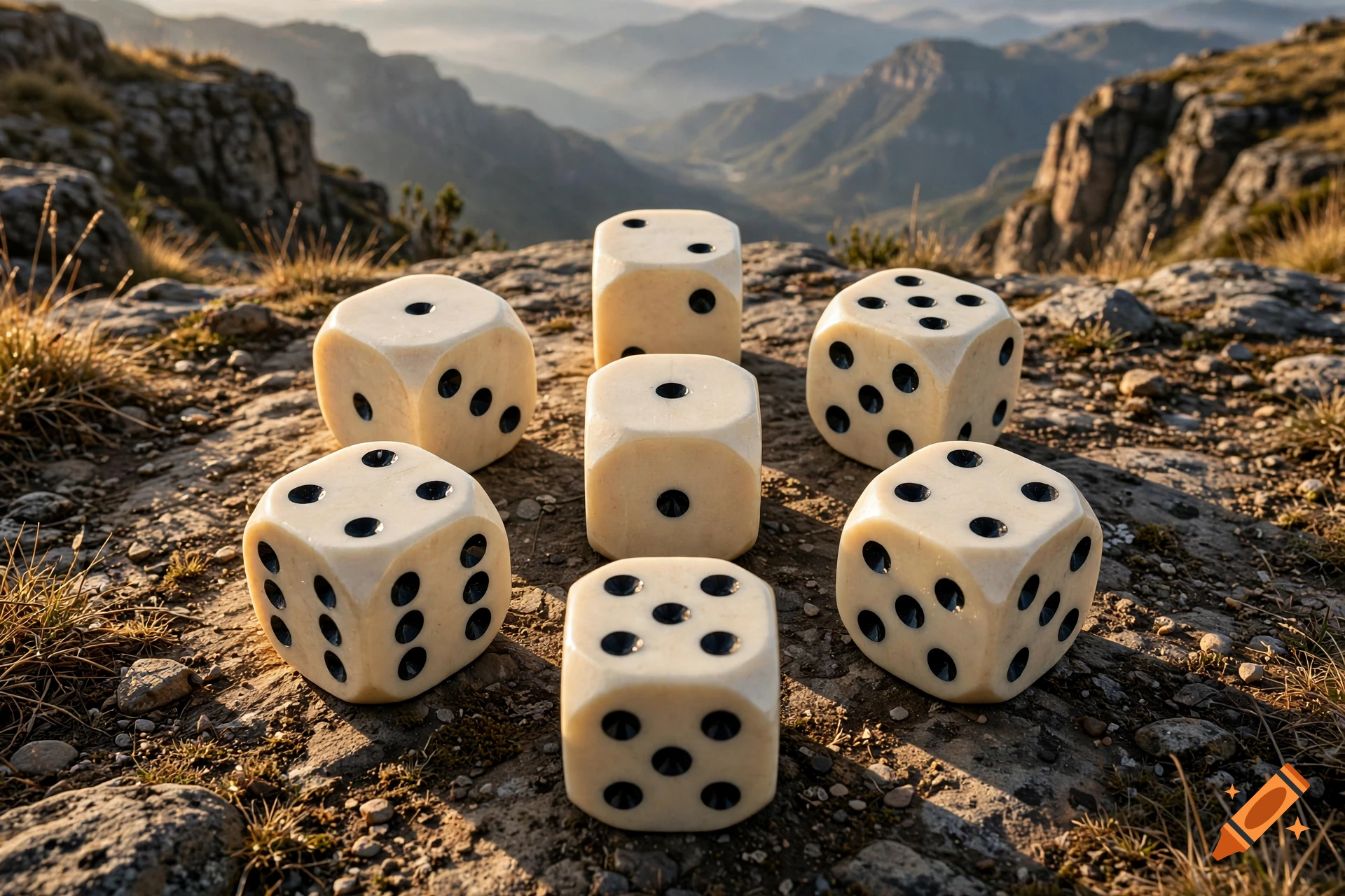 Seven white dice with black pips arranged in a circle on a rocky plateau overlooking distant mountains, photorealistic.