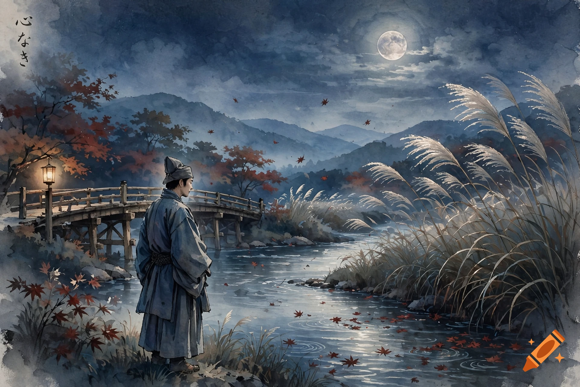 Watercolor painting of a person in traditional Japanese clothing looking at a river under a full moon.