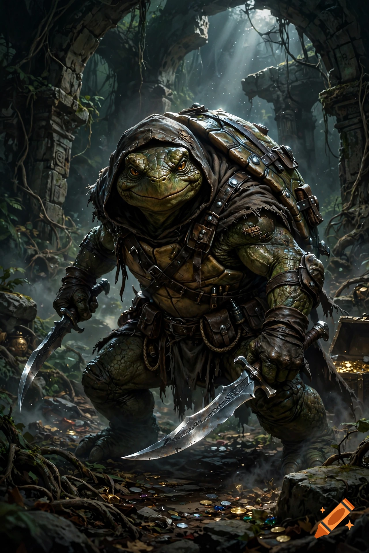 A detailed fantasy illustration of a rogue tortle wearing a hooded cloak and armor, holding two daggers in a ruined, overgrown stone dungeon.