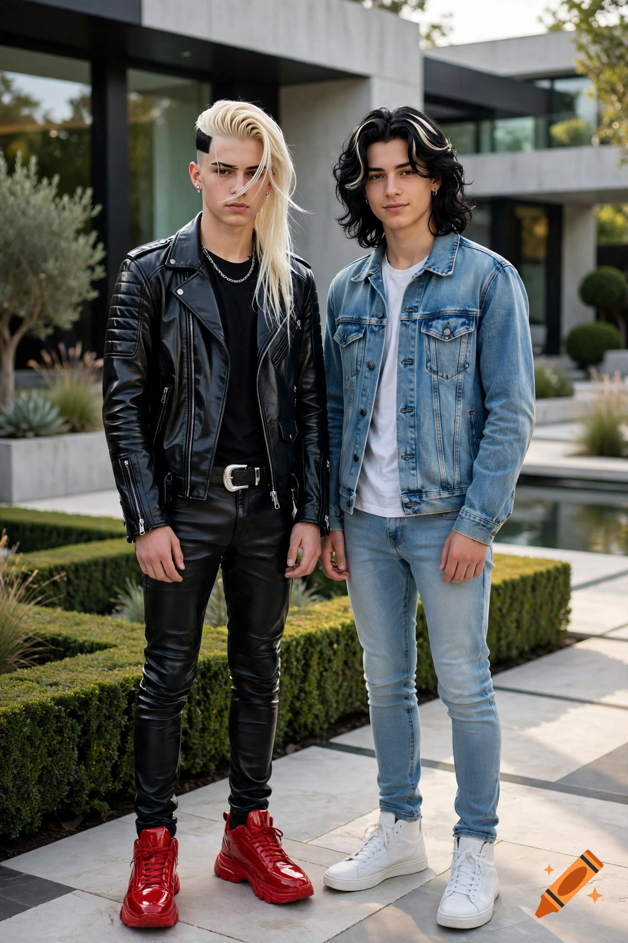 Photorealistic full-body shot of two young men posing outdoors near a modern luxury home, one in black leather and red sneakers, the other in denim.
