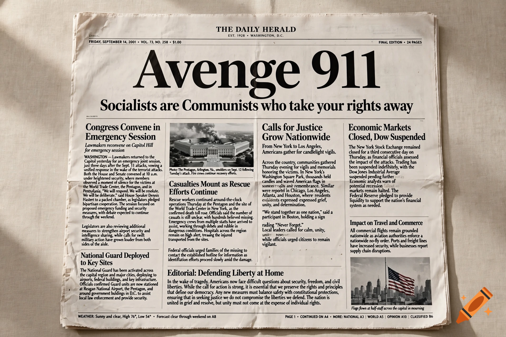 A vintage newspaper front page featuring the headline Avenge 911.