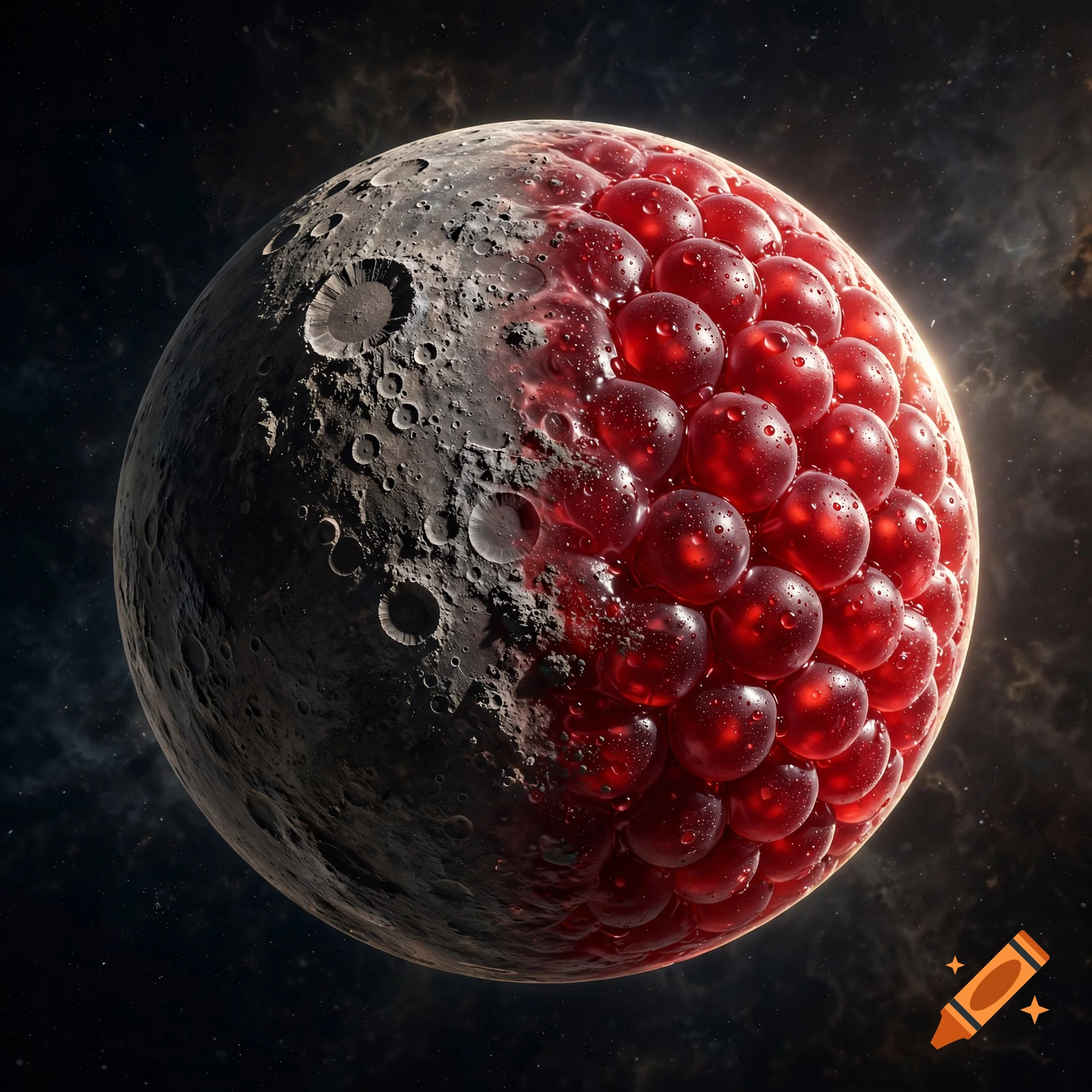 A photorealistic hybrid planet in deep space, half cratered grey rocky surface and half glossy redcurrant berry.