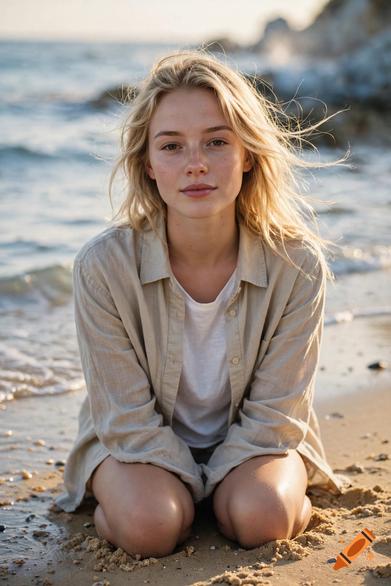 Photorealistic portrait of a young blonde woman kneeling on a sandy beach with the sea in the background.