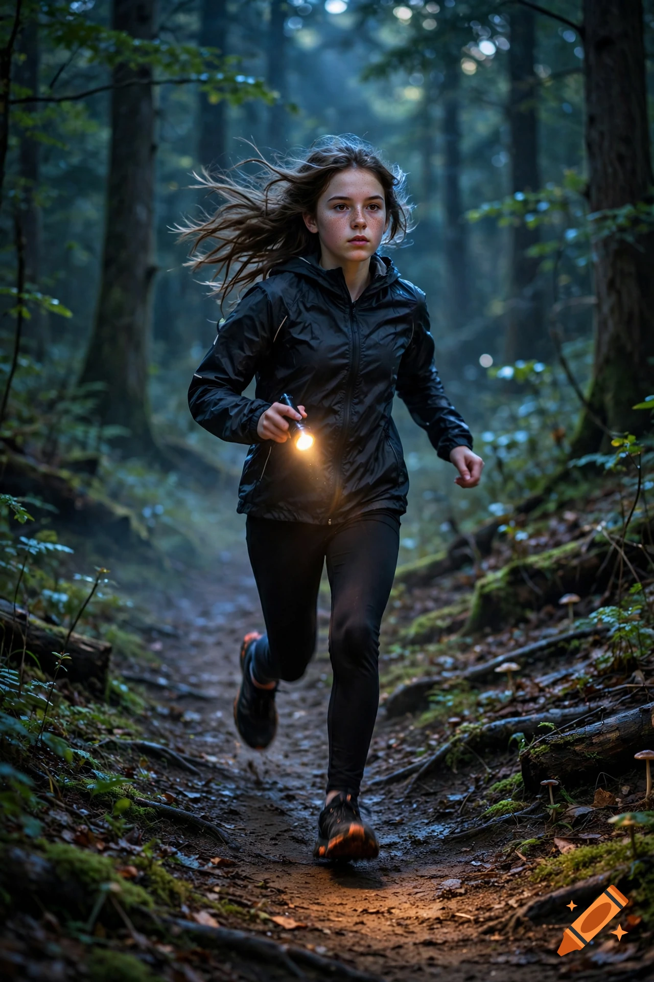 A young person running through a dense forest path at dusk, holding an illuminated flashlight.