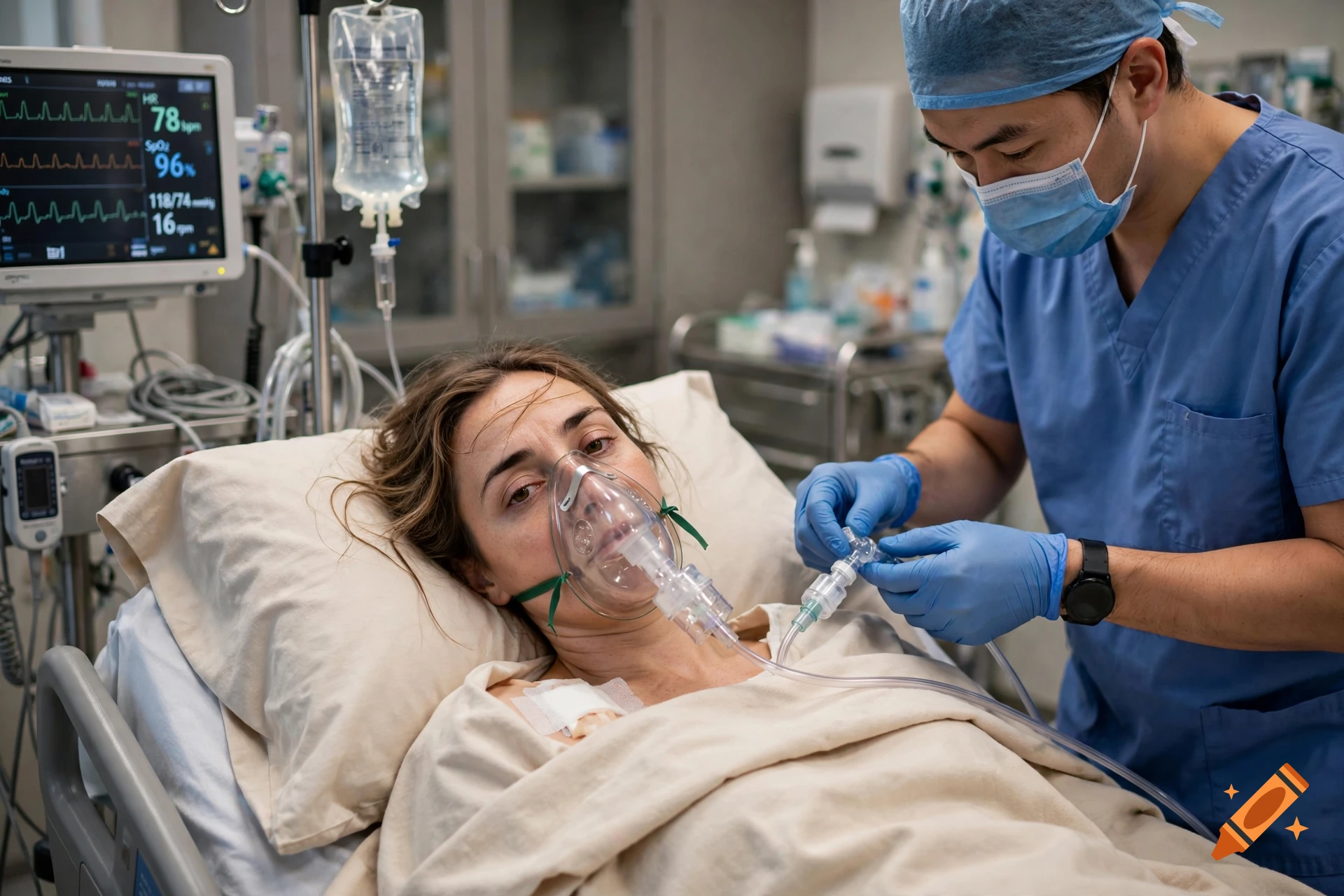 Photorealistic scene of a female patient wearing an oxygen mask in a hospital bed while a medical professional adjusts equipment.
