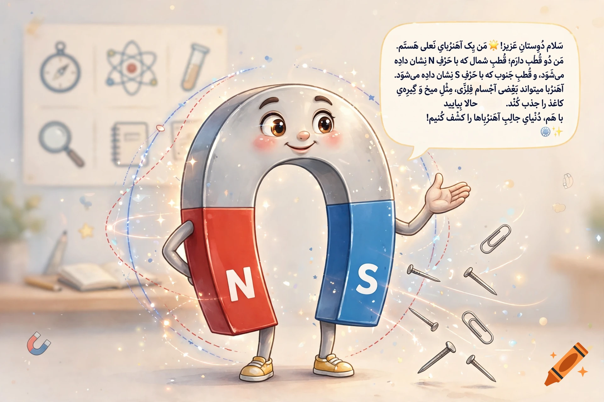 An illustrated horseshoe magnet character with a smiling face, red and blue poles with N and S letters, surrounded by floating nails and paperclips in a science classroom setting.