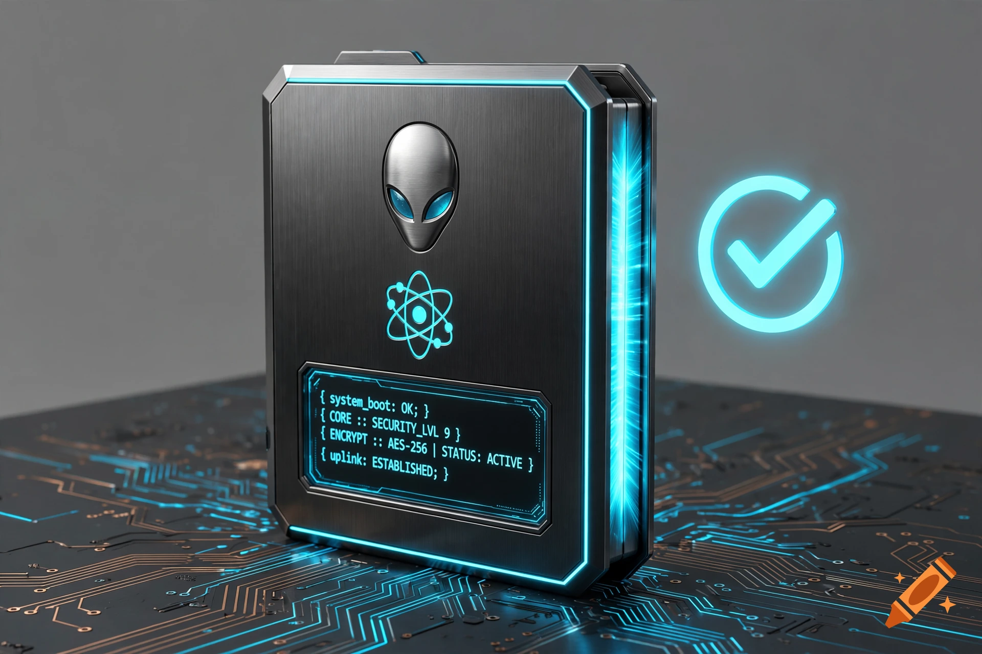 A high-tech sci-fi folder with brushed black metal, cyan neon accents, an Alienware logo, and glowing code text on a circuit board surface.