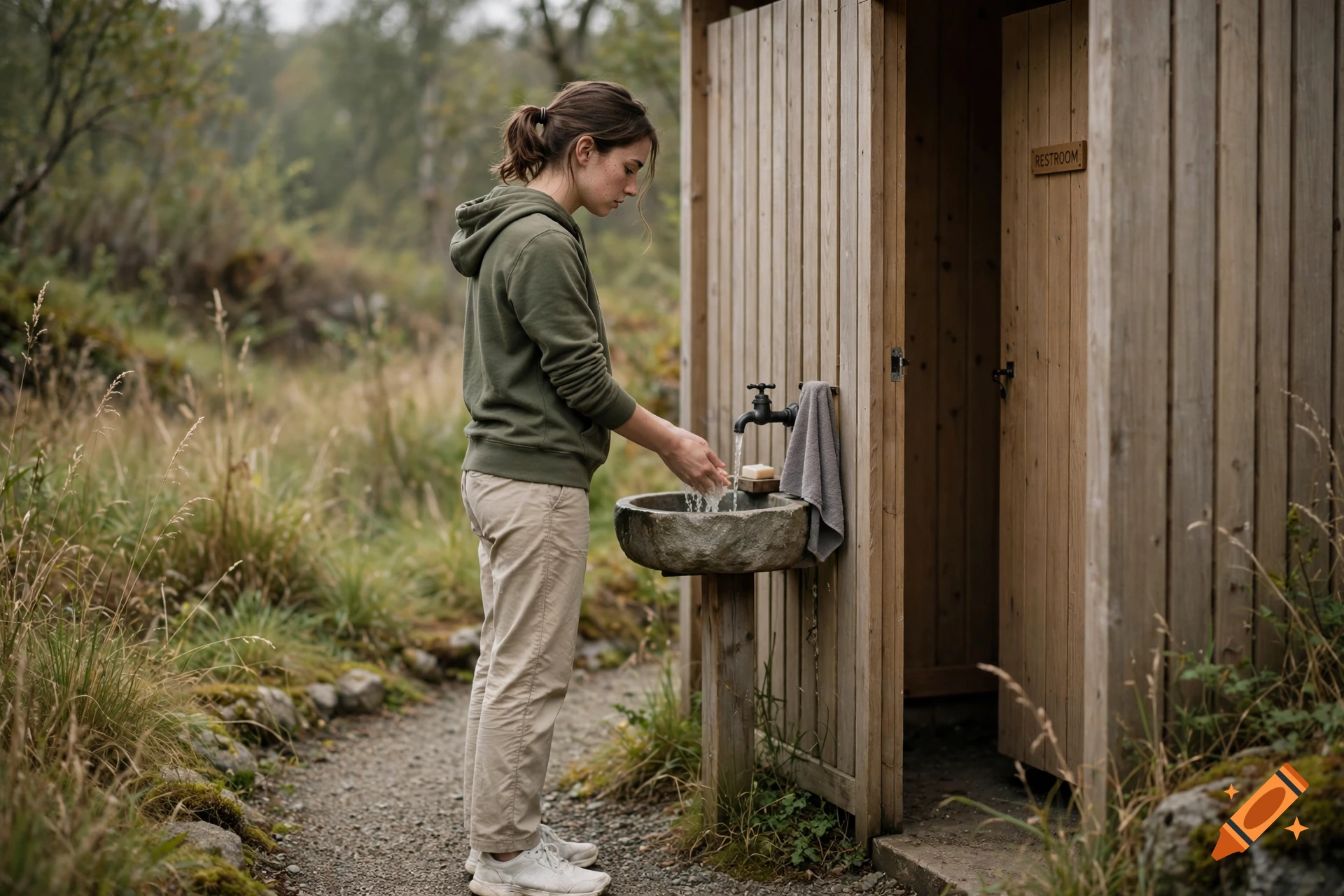 A young woman washing her hands at an outdoor rustic wooden sink next to a restroom cabin, photorealistic.