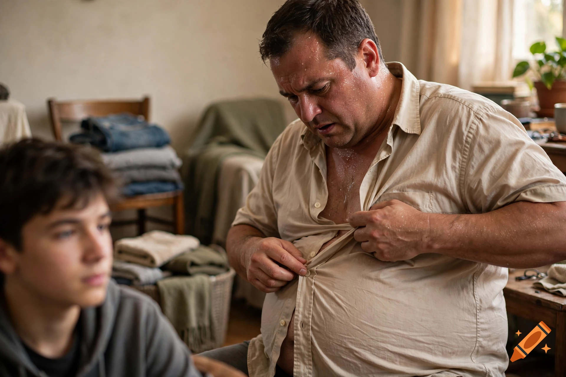 Photorealistic image of a sweaty man struggling to button his shirt while a teenage boy sits in the foreground.