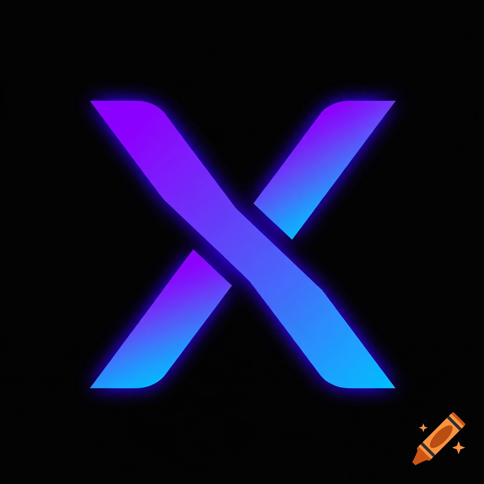 A glowing purple and blue gradient letter X centered on a solid black background.