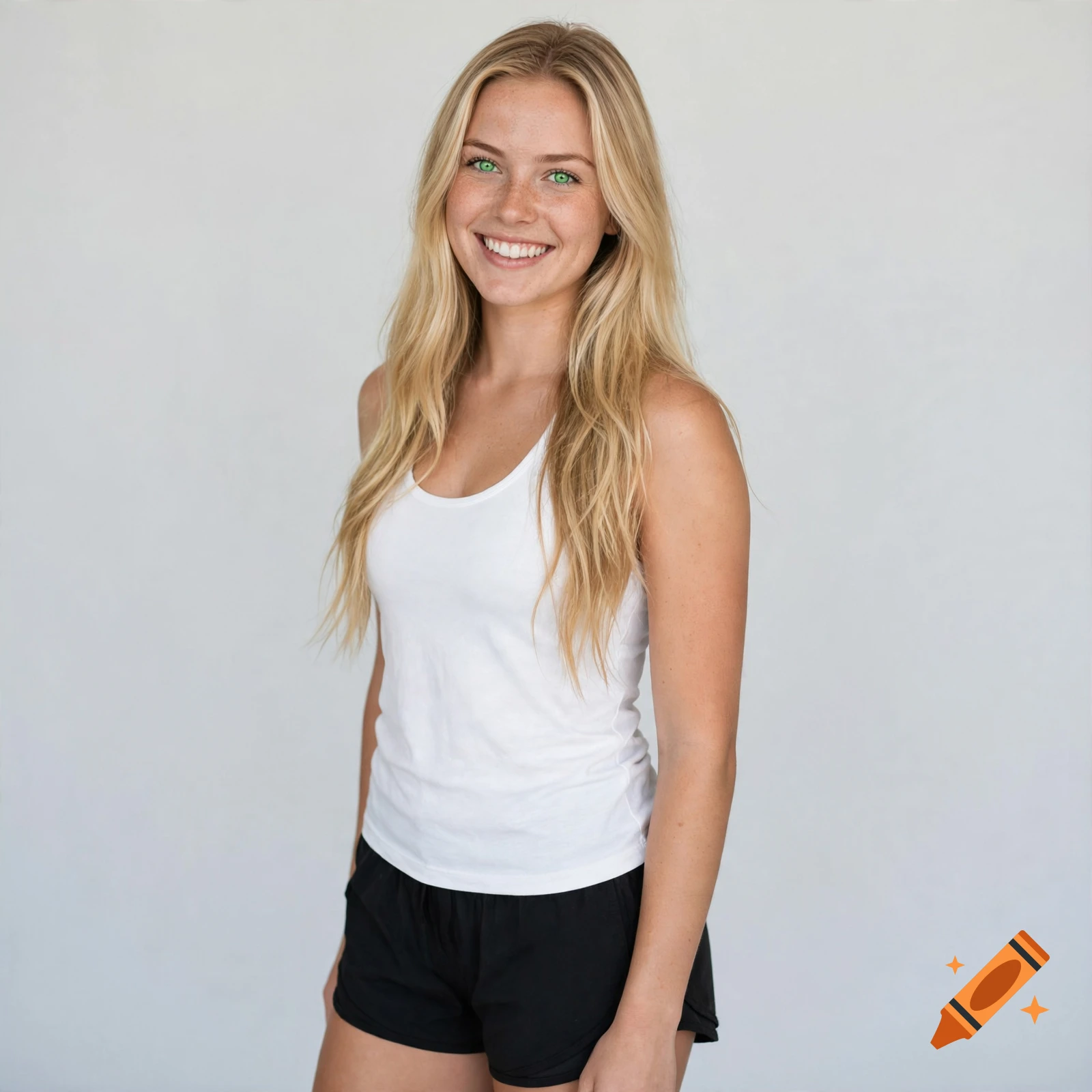 Photorealistic portrait of a young blonde woman with green eyes, smiling, wearing a white tank top and black shorts.