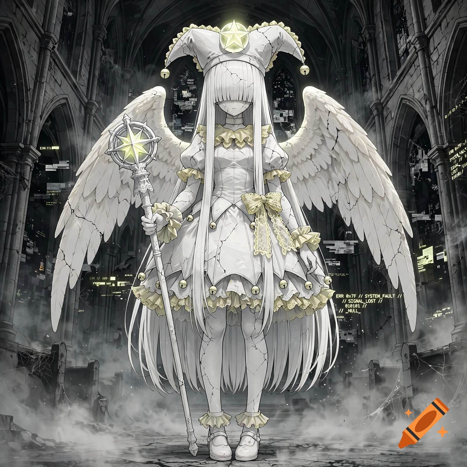Anime style illustration of a white plaster jester-girl with wings and staff standing in a misty gothic church with error code text.
