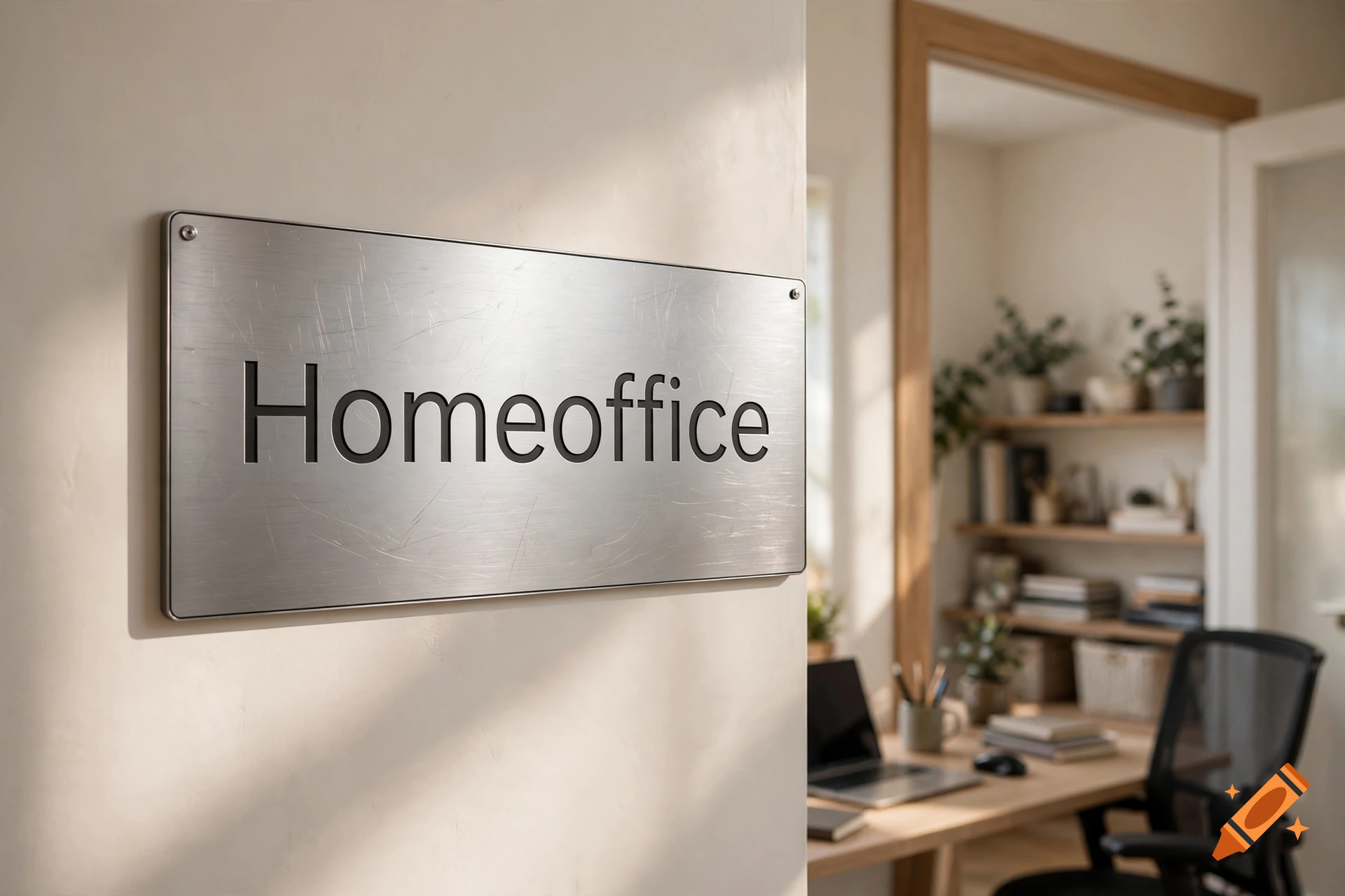 A metallic brushed sign mounted on an off-white wall reads 'Homeoffice' in bold dark letters.