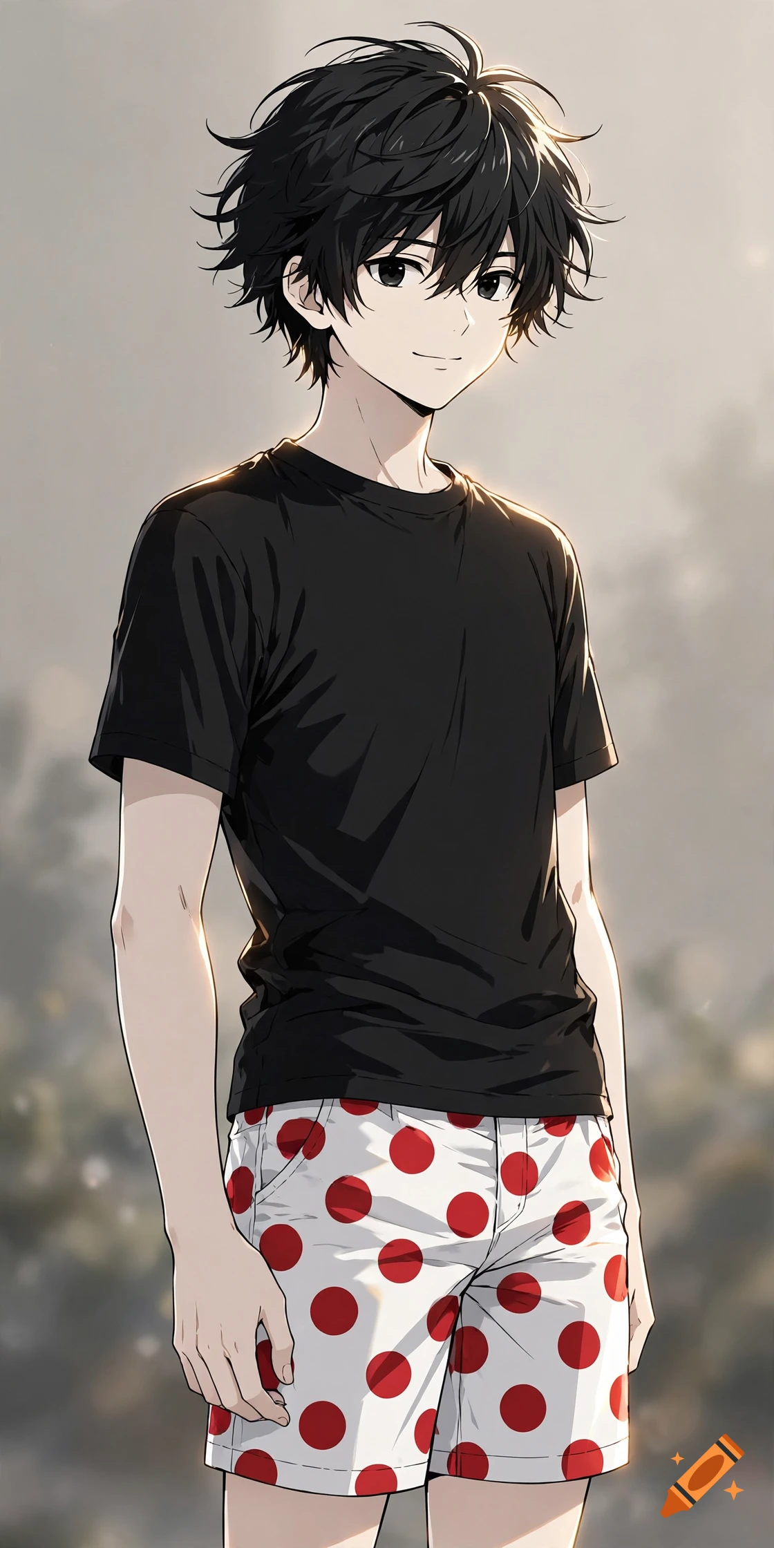 Anime style illustration of a young male with black hair, wearing a black t-shirt and white shorts with red polka dots.