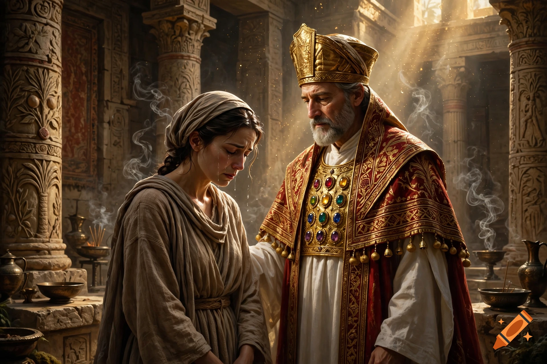 An elderly high priest in ornate vestments and golden crown comforting a weeping woman inside an ancient stone temple filled with incense smoke.