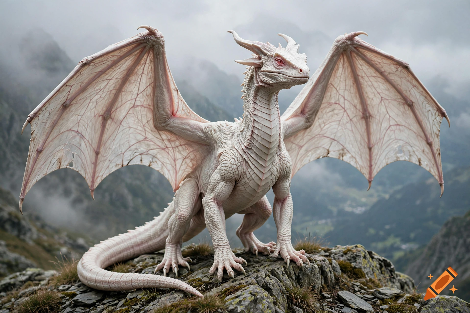 Photorealistic image of a detailed white wyvern standing on a rocky mountain peak under a cloudy sky.