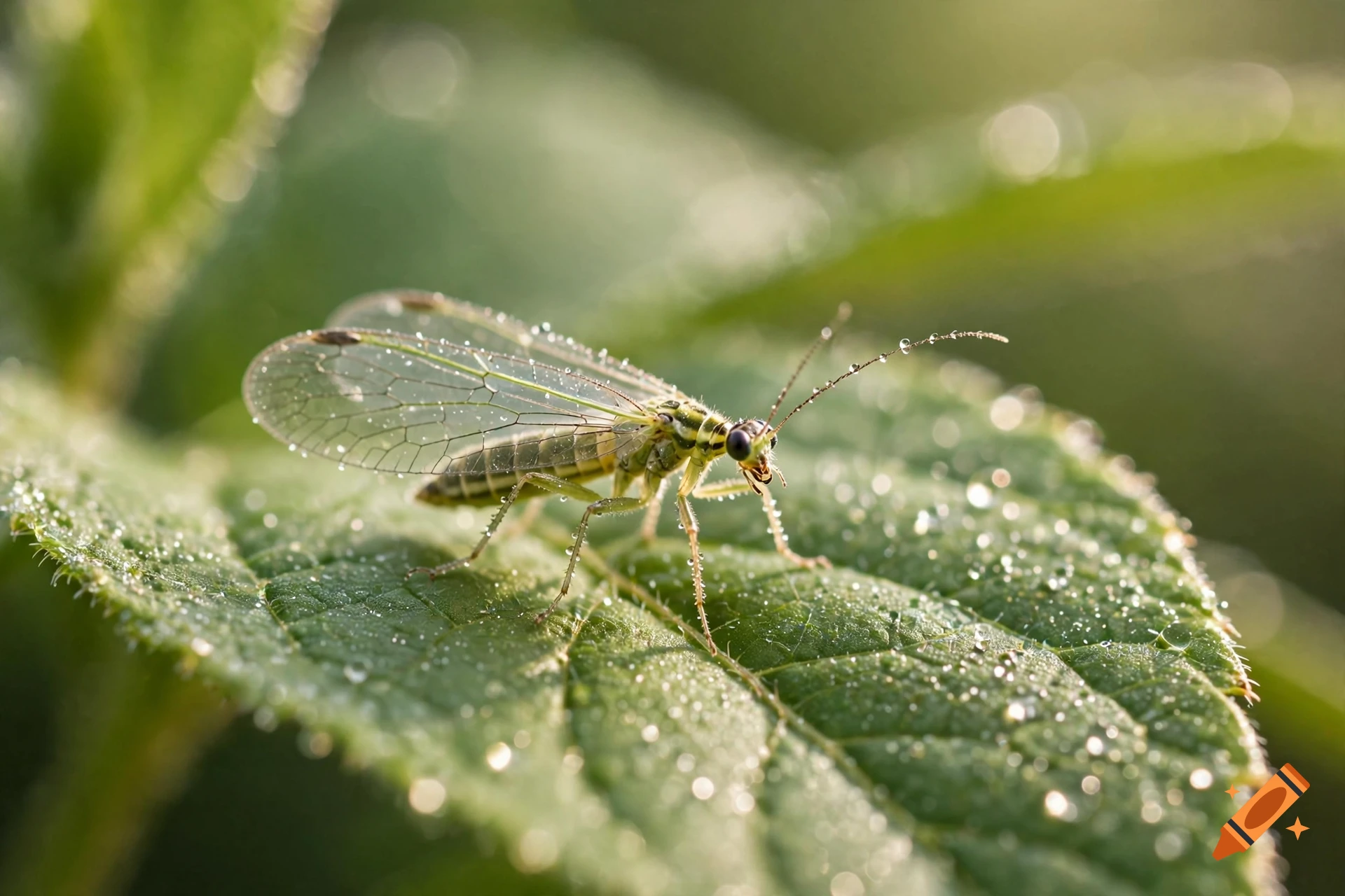 Photorealistic macro photo of a green lacewing insect covered in dew drops resting on a leaf.