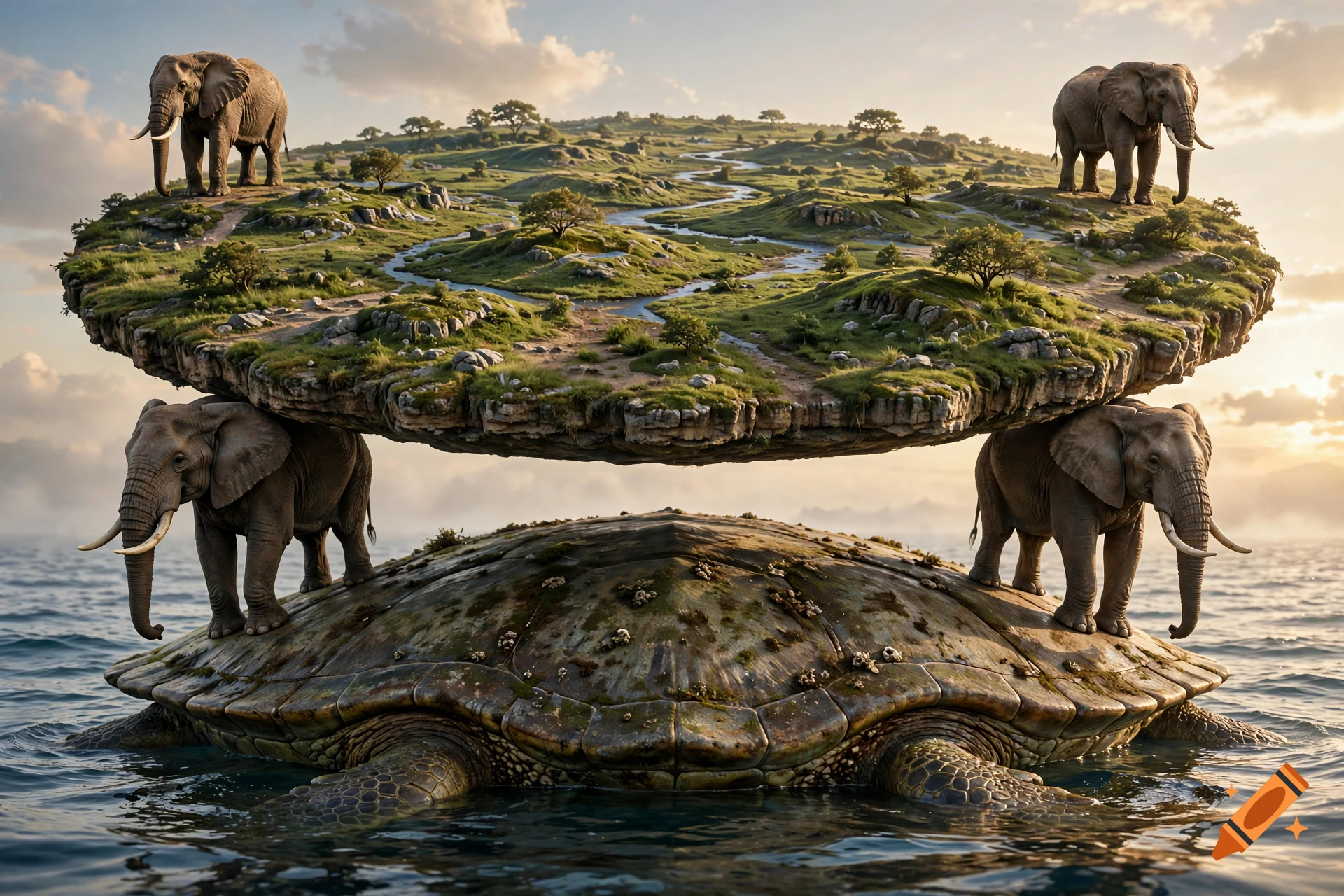 A fantasy landscape where four elephants stand on a giant sea turtle's shell, carrying a circular island featuring grasslands and a winding river.