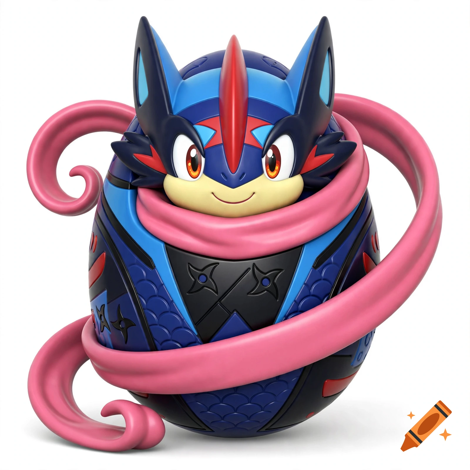 3D style Mega Greninja egg design with blue patterns and a pink scarf on a white background.
