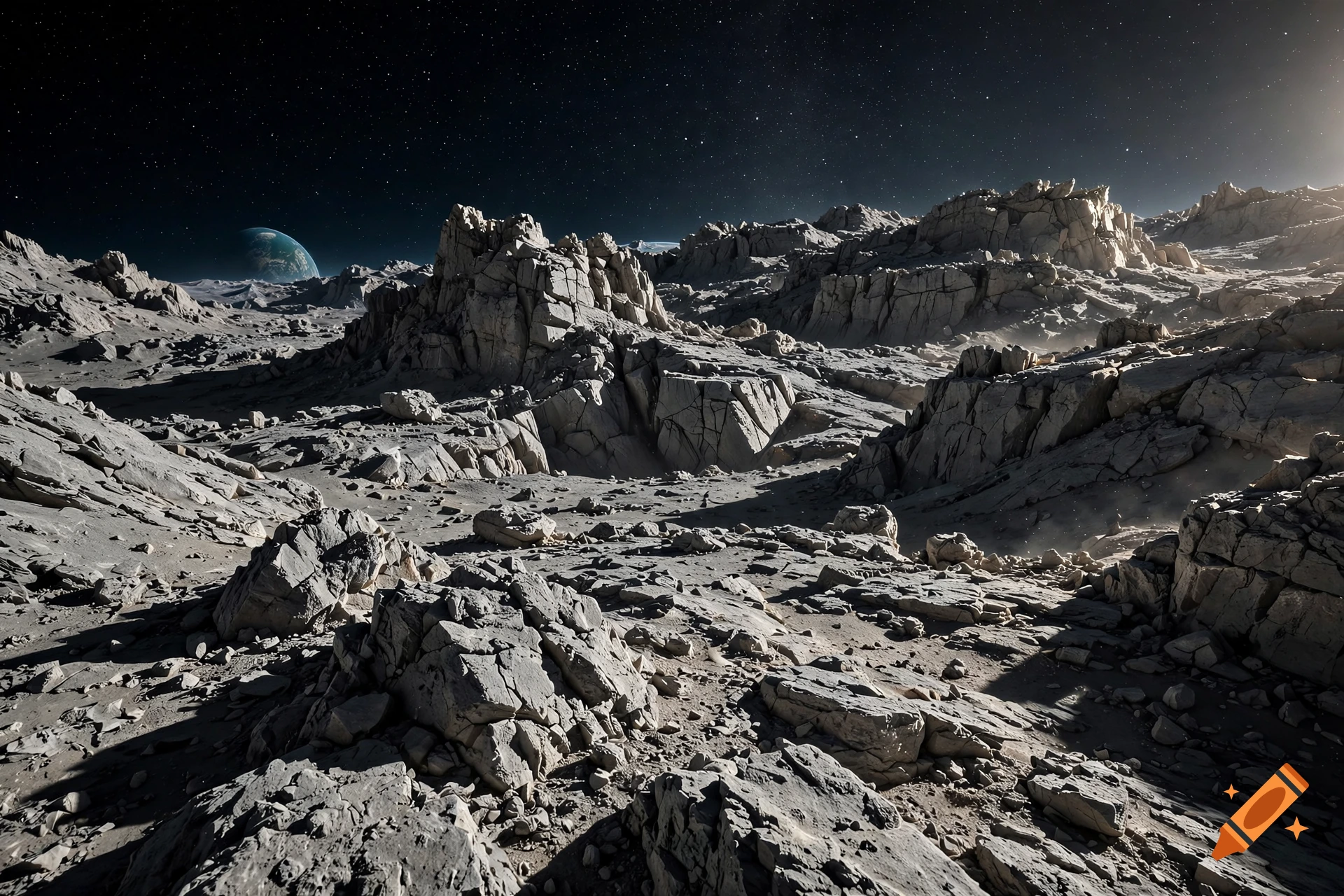 Photorealistic rocky alien landscape with barren terrain, mountains, craters, and a planet in the starry night sky.