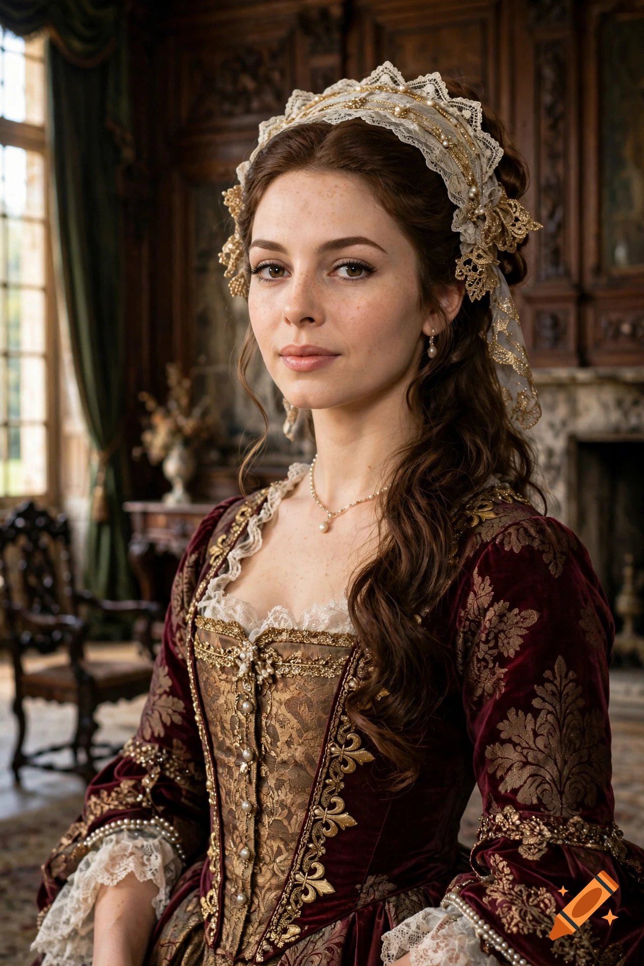 Photorealistic portrait of a woman in historical 17th-century attire with a lace headdress and velvet dress inside a manor.