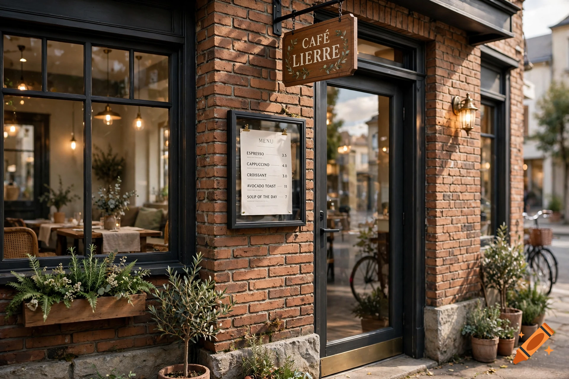 Exterior facade of a brick cafe with a wooden sign reading 'Café Lierre', a menu board next to the door, large windows showing interior seating, and potted plants outside.