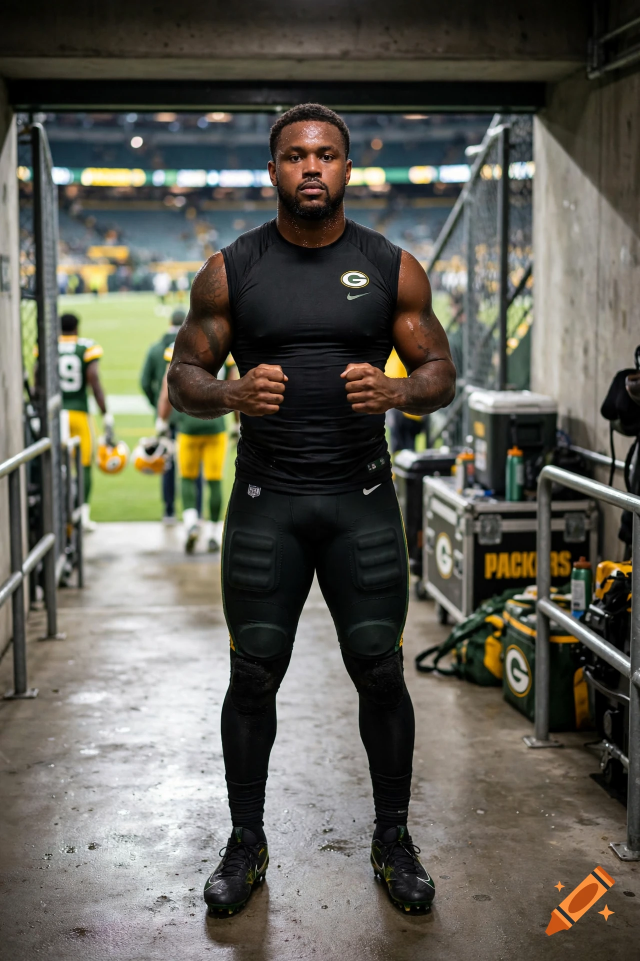 Photorealistic image of a muscular football player in a stadium tunnel, wearing a black athletic top and pants, making fists.