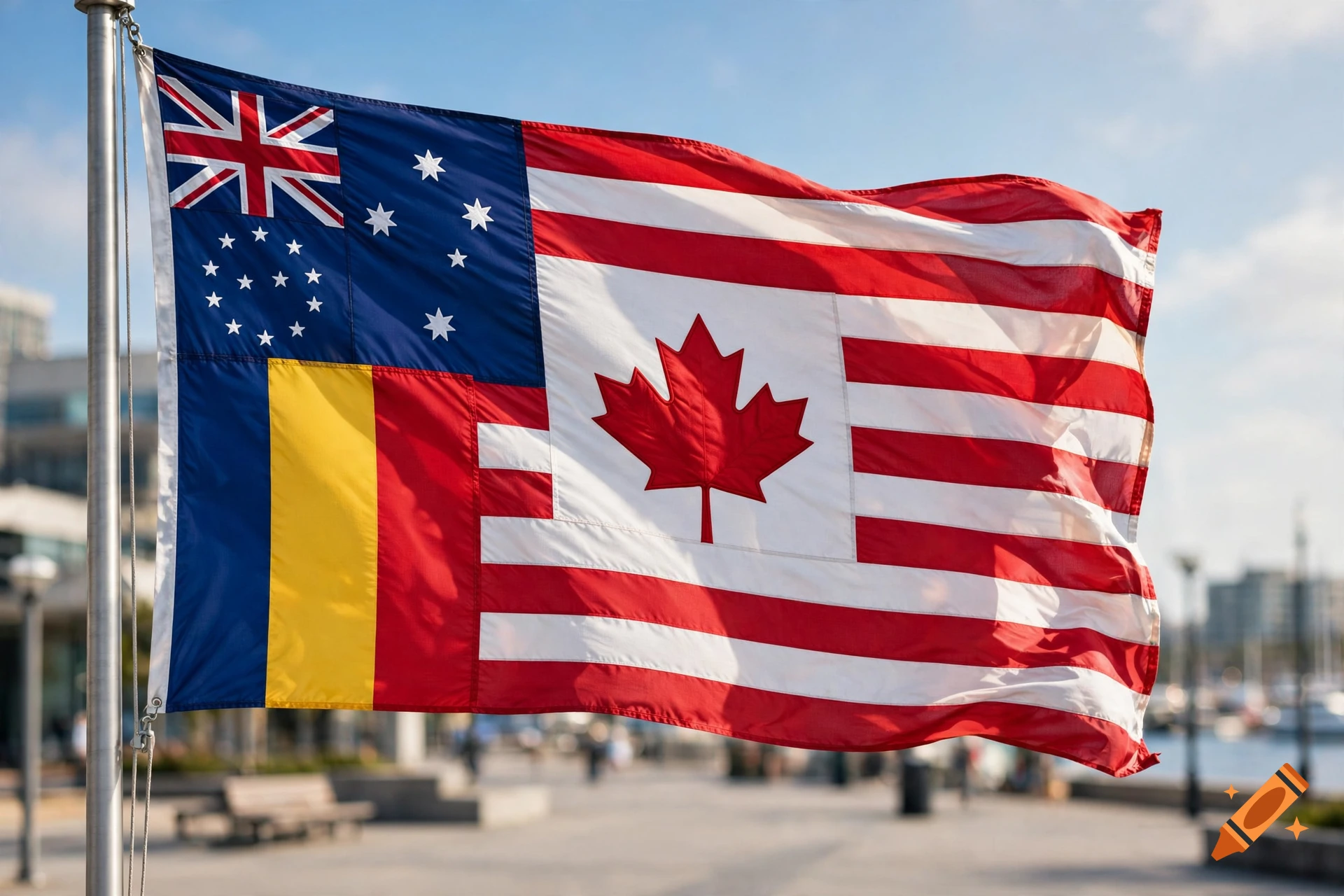 A custom composite flag combining elements of the flags of Canada, Romania, the United States, and Australia, waving on a flagpole outdoors.