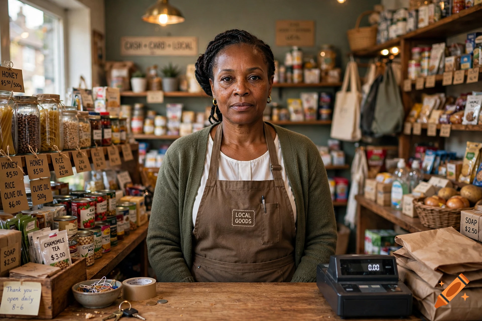 Photorealistic medium shot of a middle-aged Black female shopkeeper standing behind the counter of a small local goods store.