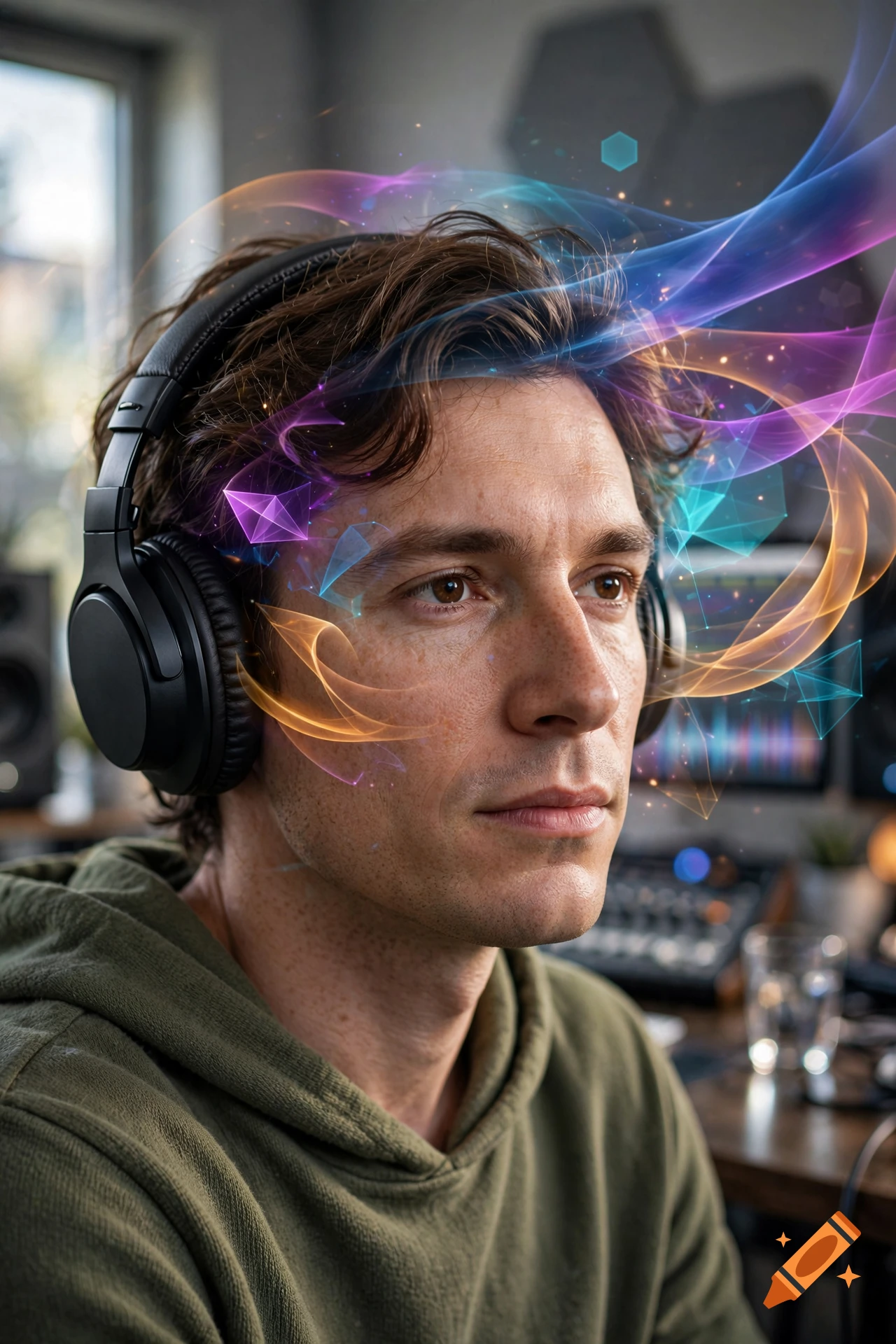 Close-up portrait of a young man wearing headphones with glowing abstract waves and geometric shapes swirling around his head in a studio setting.