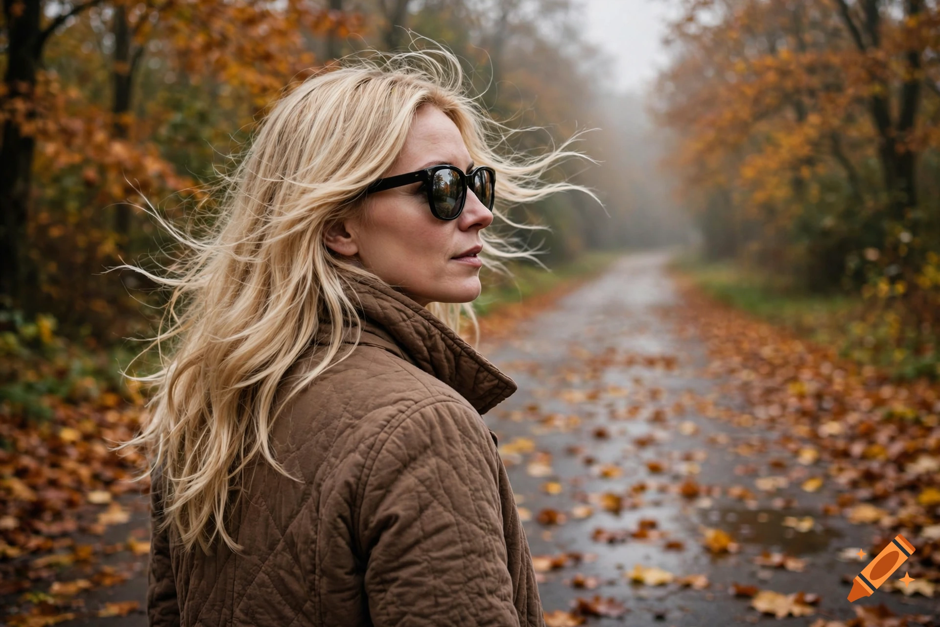 Photorealistic profile portrait of a blonde woman in a brown quilted jacket wearing sunglasses, walking on an autumn forest path.