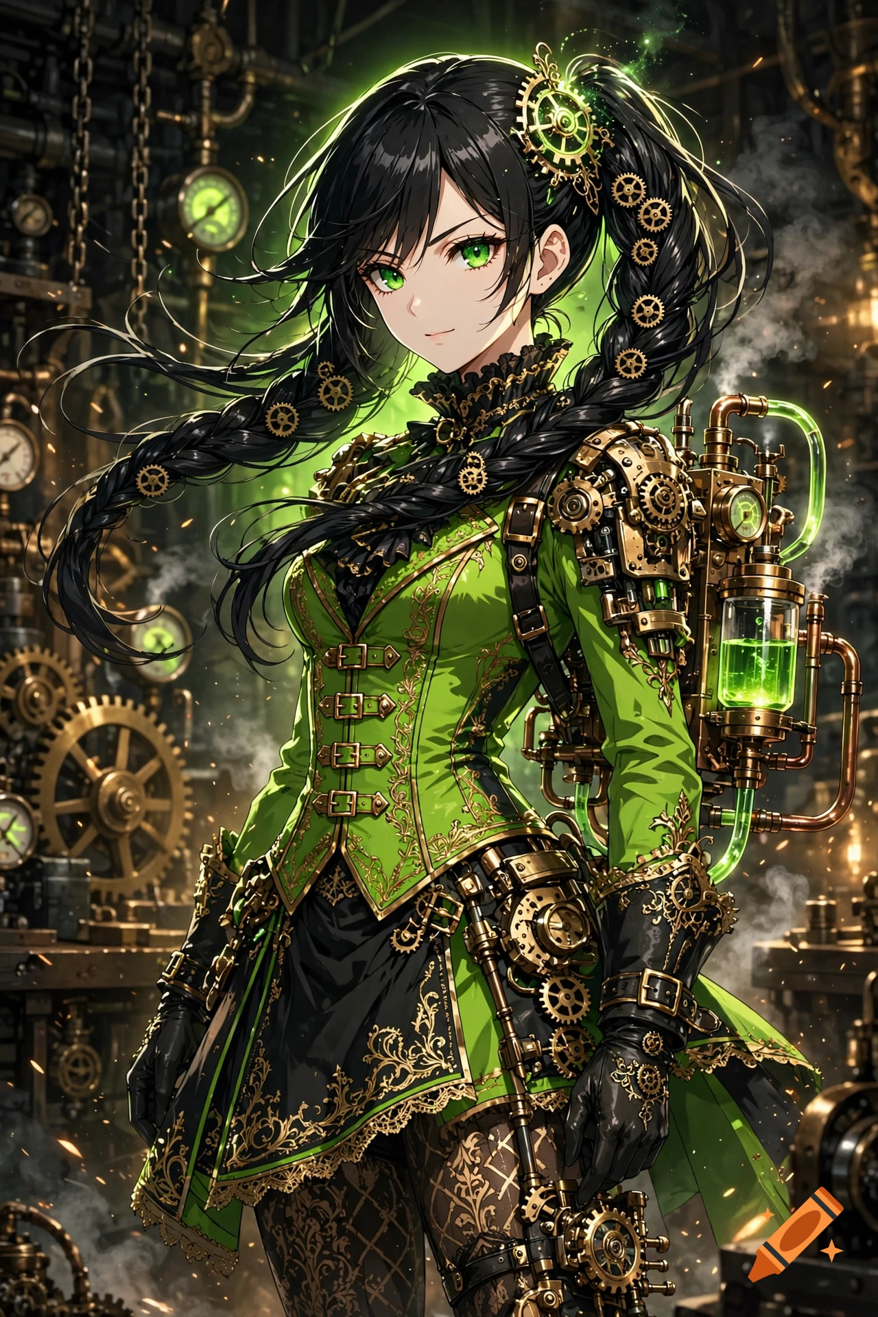 Anime style illustration of a steampunk girl with black hair, green eyes, and neon green and gold attire in a mechanical workshop.