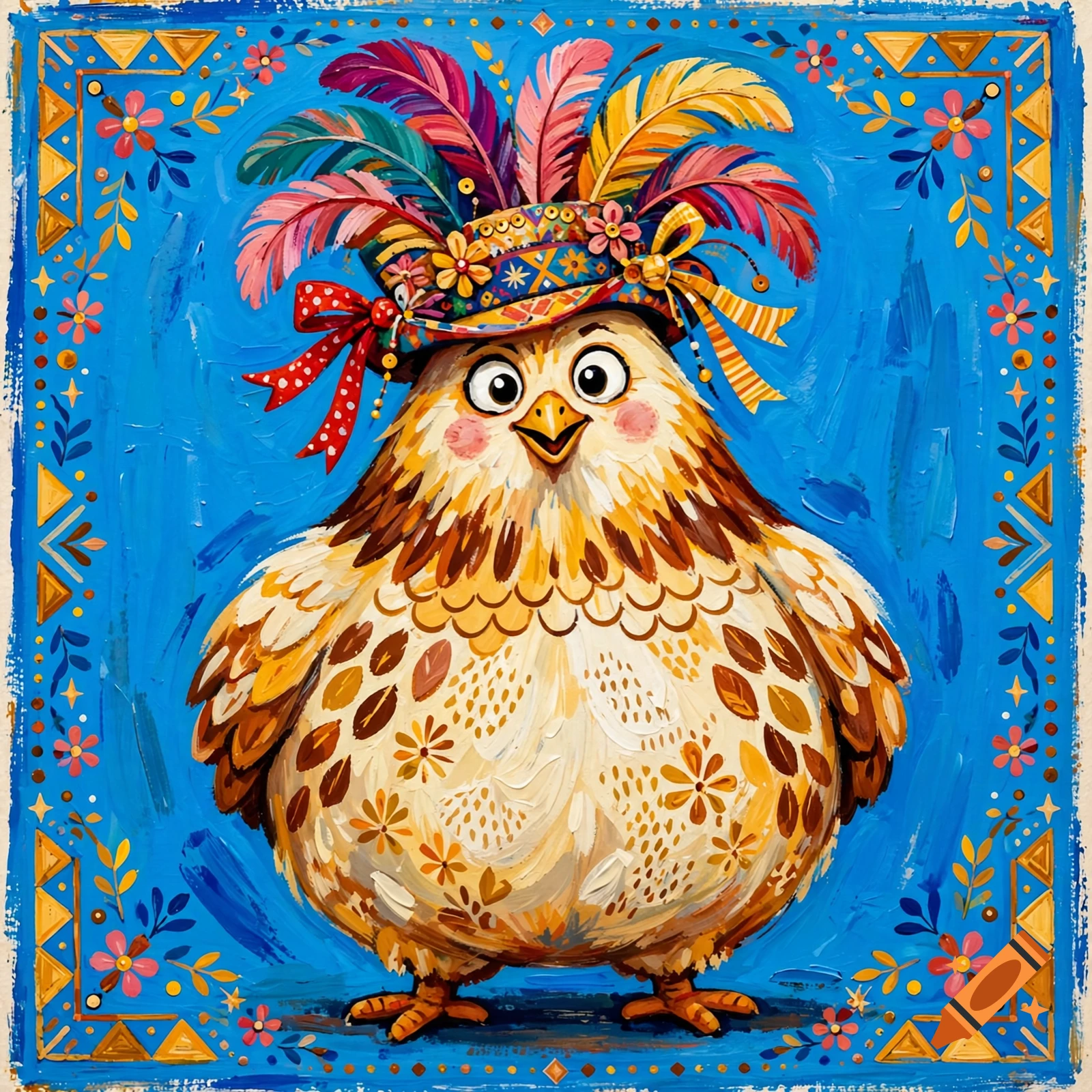 A round, chubby hen wearing a colorful cabaret hat with feathers against a solid blue folk art background.