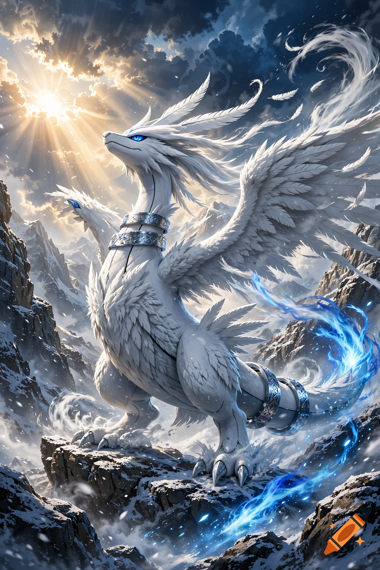 Digital painting of a majestic white feathered dragon standing on a snowy mountain peak under a bright sun.