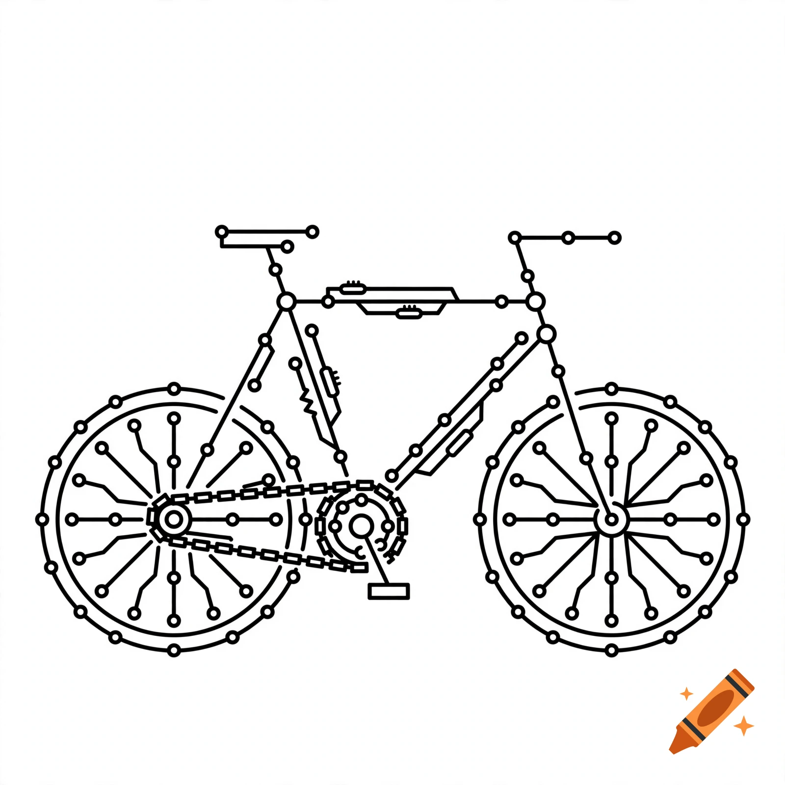 Black and white vector icon of a bicycle styled with a circuit board motif on a white background.