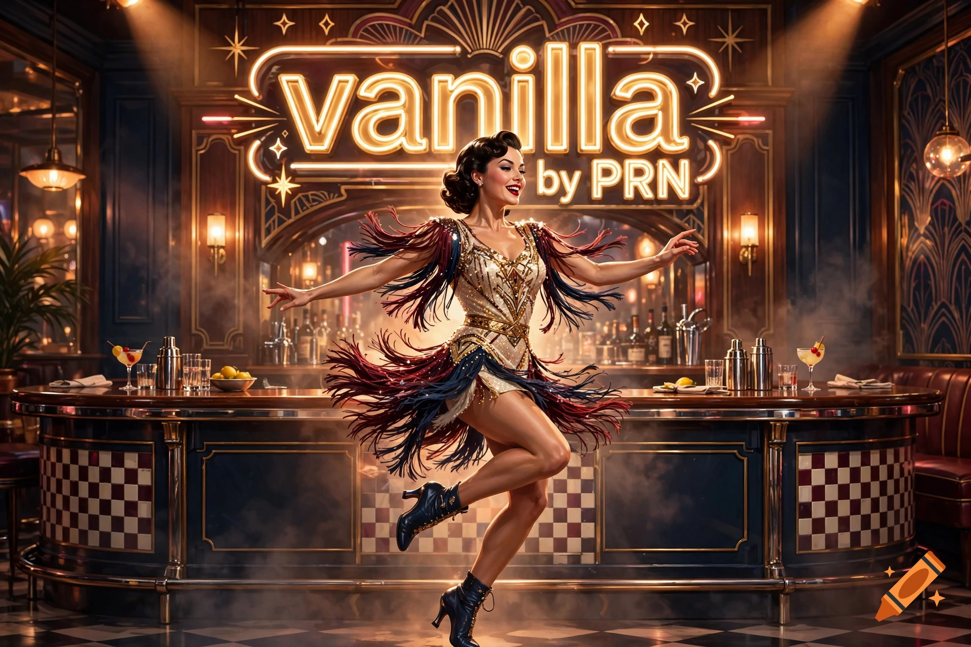 A vintage-style American bar with a neon sign reading 'vanilla by PRN' and a flapper dancer performing in the center.