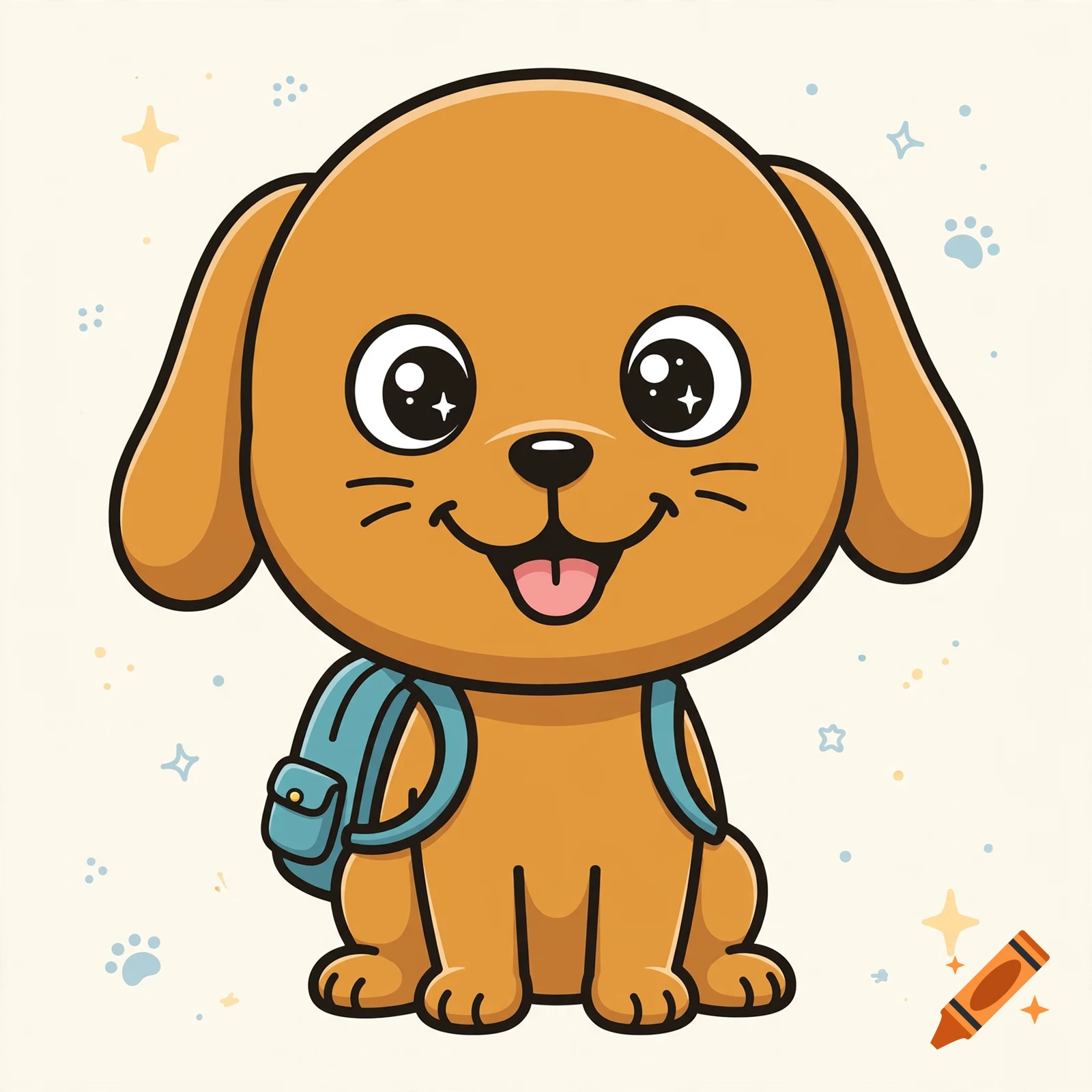Cute cartoon brown puppy with large sparkly eyes and a blue backpack sitting against a light background.