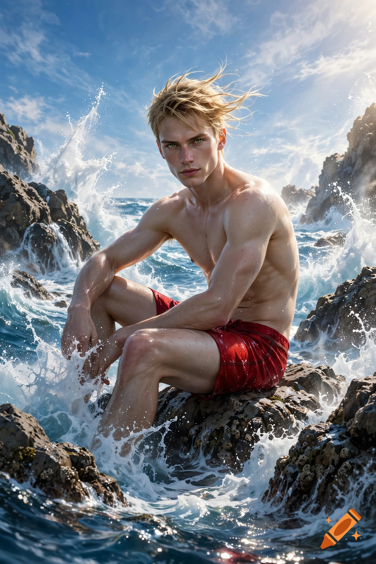 A shirtless blond man in red swim trunks sits on coastal rocks as crashing ocean waves splash around him under a bright sky.