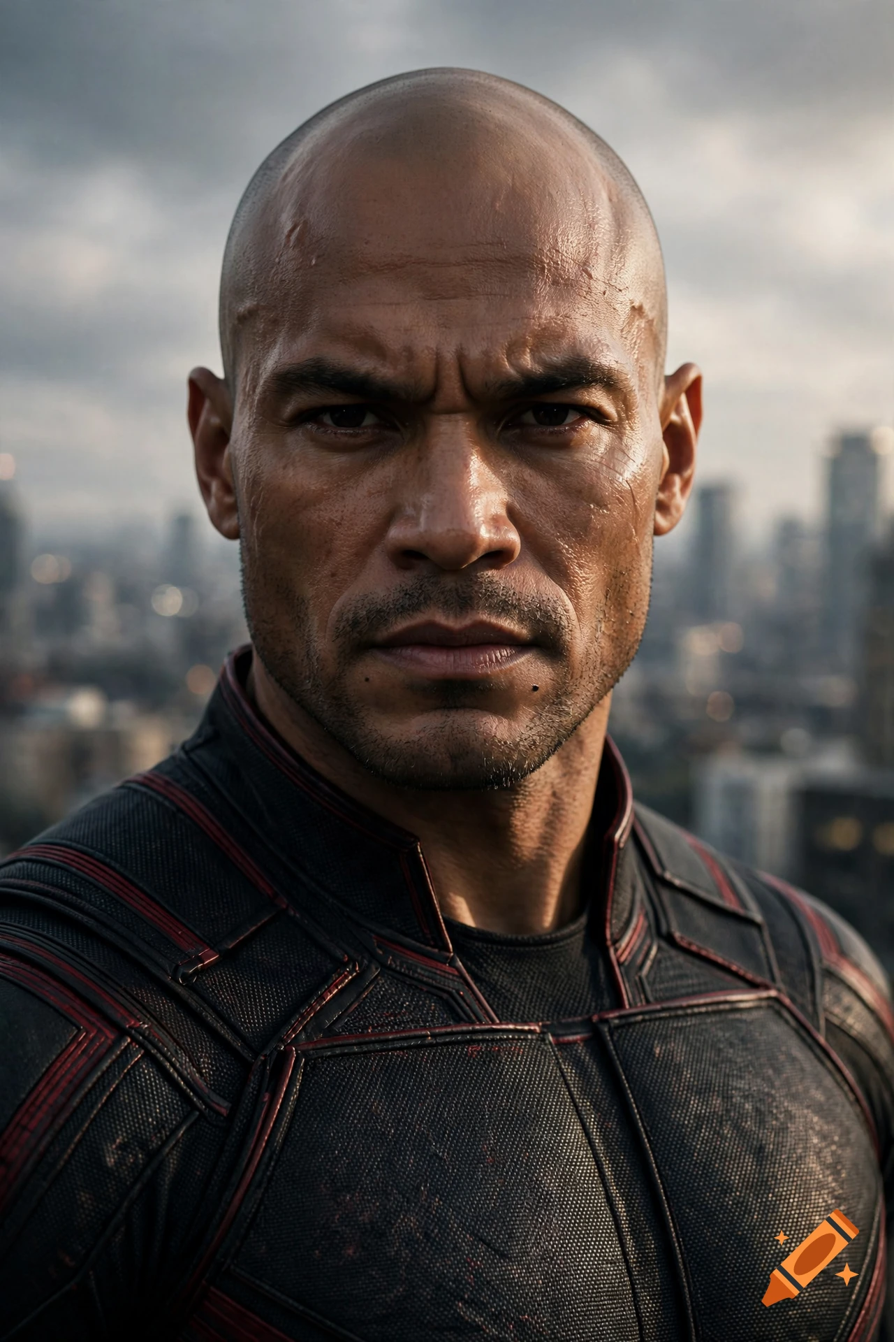 Photorealistic close-up portrait of a bald, muscular man with sharp features and a serious expression, wearing a patterned tactical suit against a blurred city background.