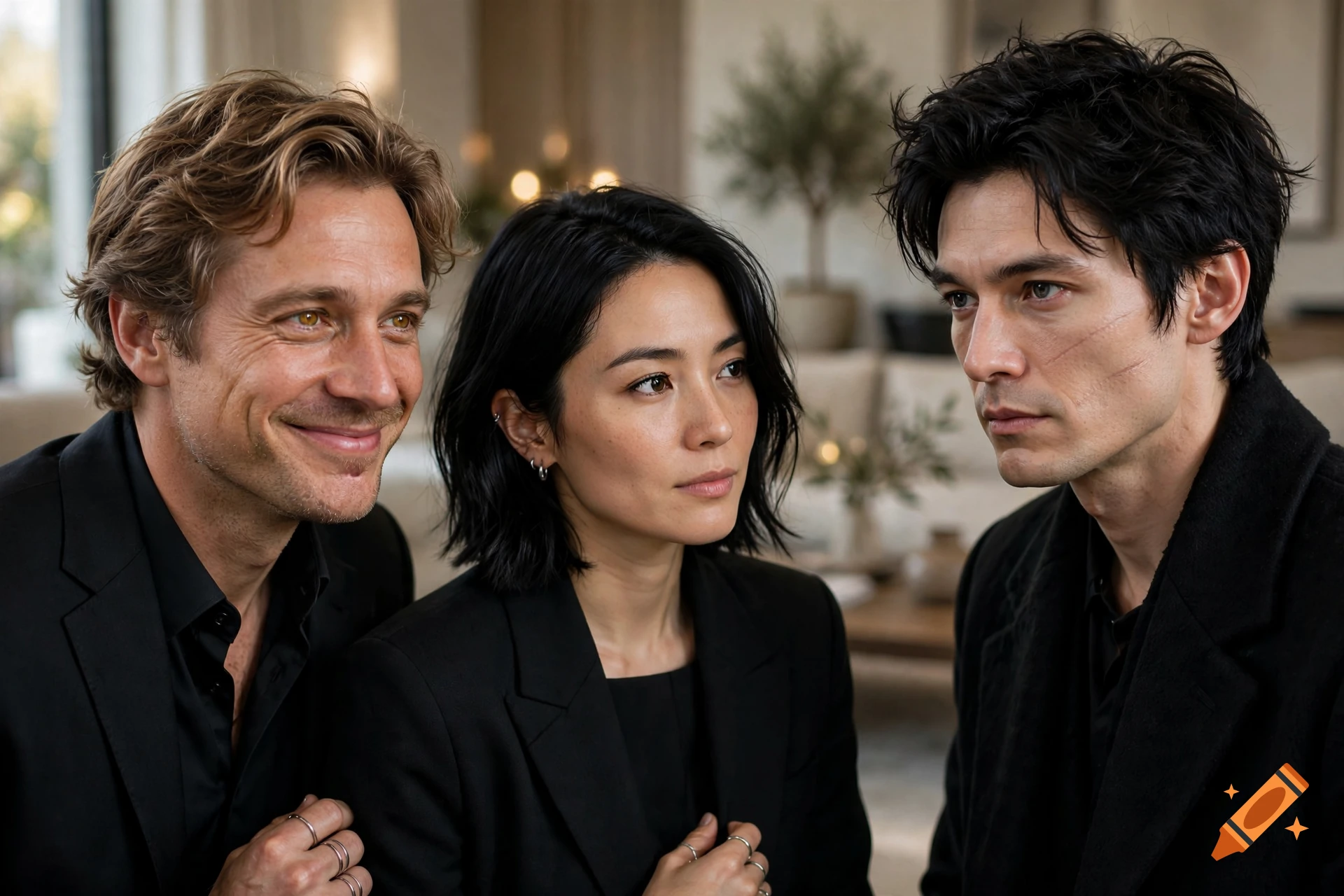 Photorealistic close-up of three adults, two men and a woman, dressed in dark clothing indoors.