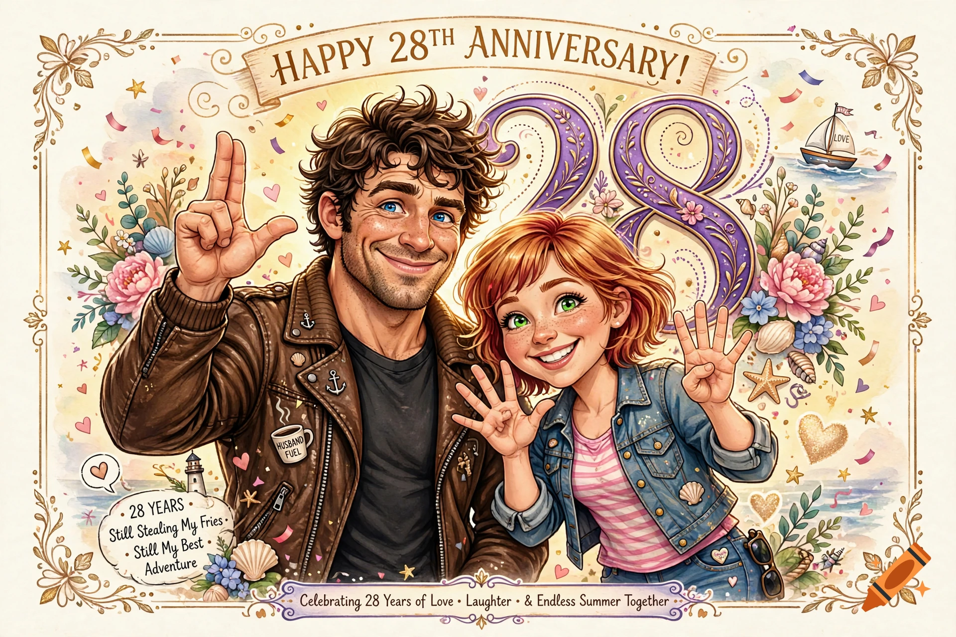 Colorful watercolor caricature illustration of a couple celebrating their 28th anniversary.