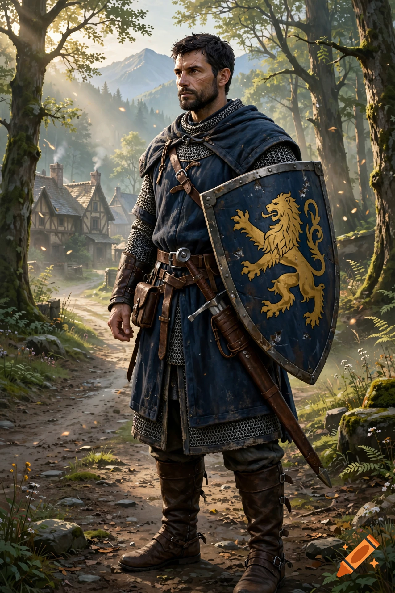 A realistic digital painting of a stoic male warrior in chain mail and a blue tunic holding a lion-crested shield on a forest path.