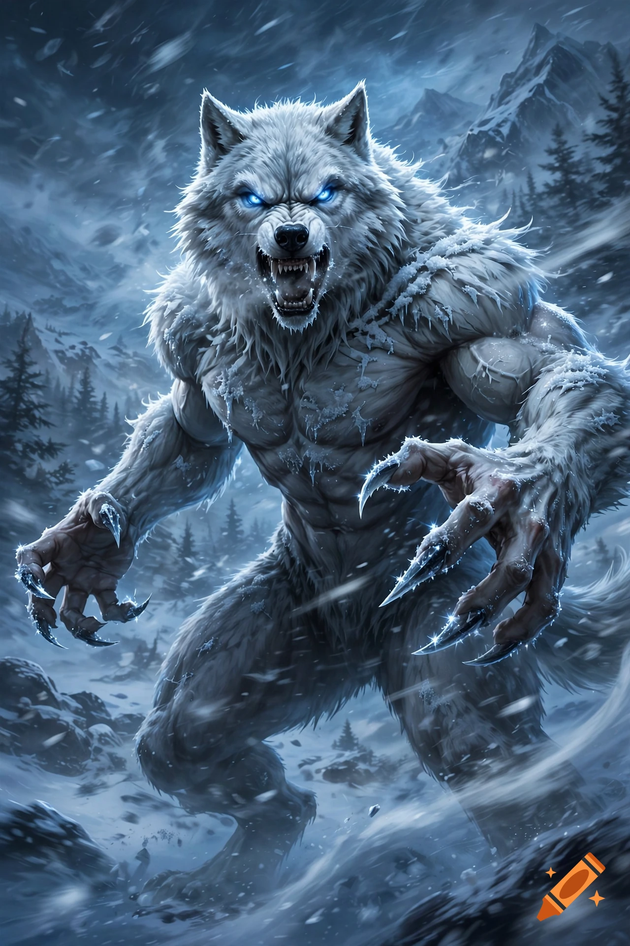 Digital art of a muscular white bipedal wolf-man with glowing blue eyes and sharp claws in a snowstorm.
