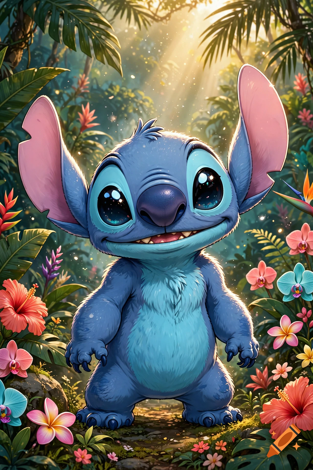 Stitch from Lilo & Stitch standing in a lush tropical jungle surrounded by colorful exotic flowers, digital art style.