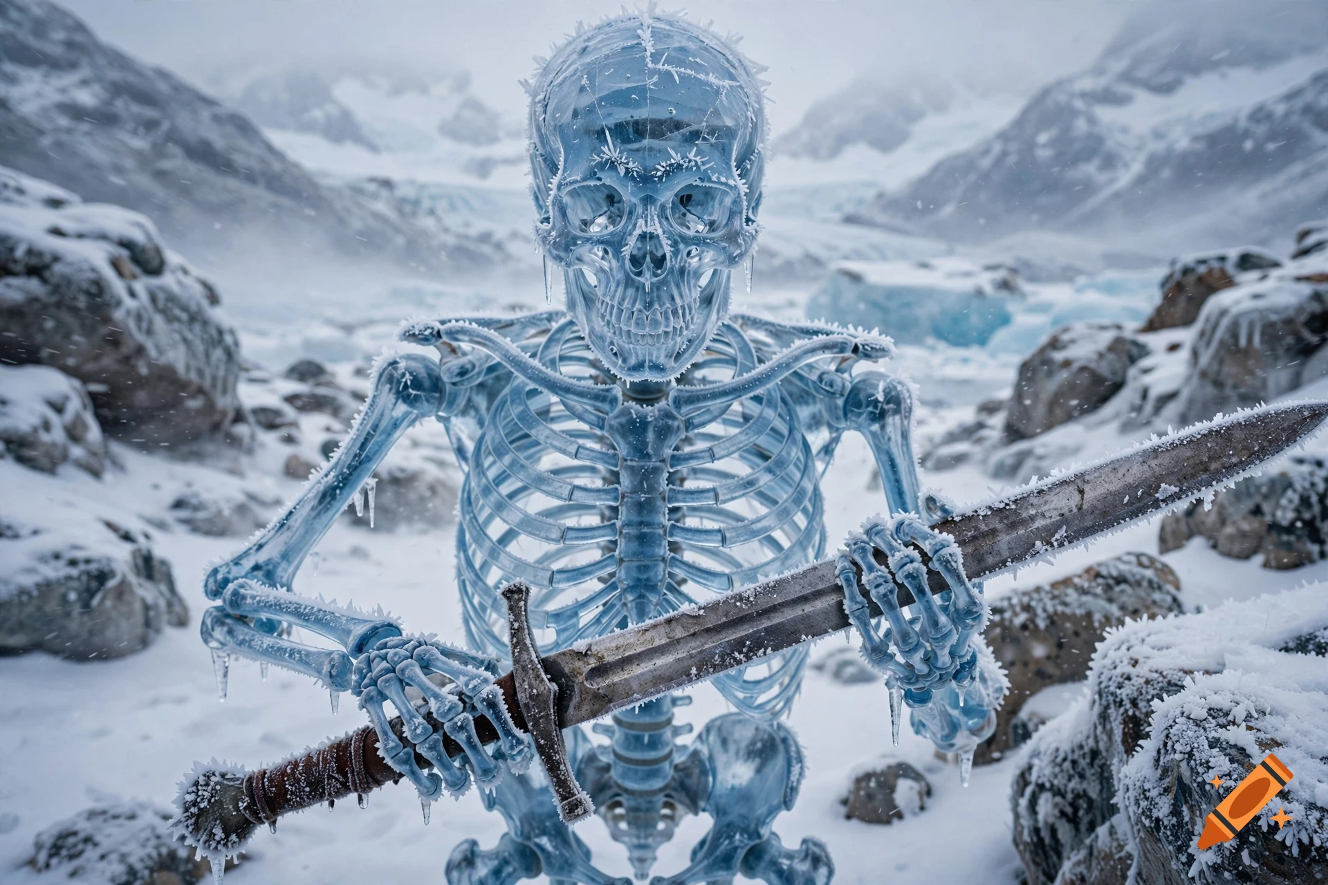 Photorealistic skeleton made of ice holding a sword in a snowy mountainous landscape.