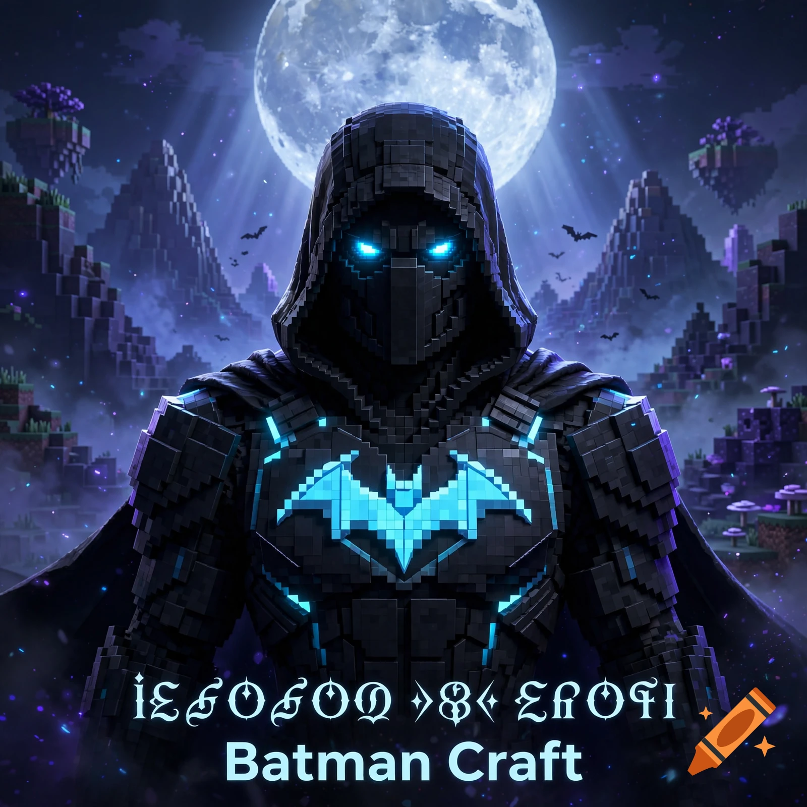 Blocky voxel warrior in a black tactical bat-themed suit with glowing blue accents and eyes, standing in a Minecraft-inspired night world.