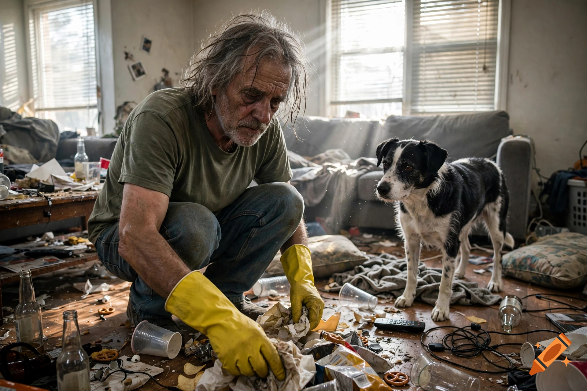 Photorealistic image of an elderly man wearing yellow cleaning gloves, tidying up a messy living room with a black and white dog.